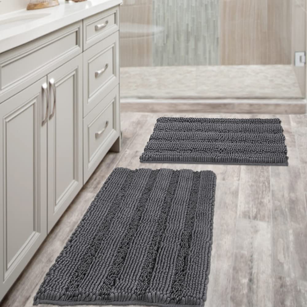 Bathroom Rugs, Super Absorbent Chenille Striped Non Skid Machine Wash Dry Rugs, Set of 2, 47 x 17 Plus 17 x 24 Inches-Toppalletfly