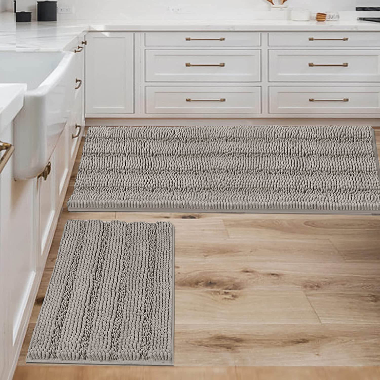 Bathroom Rugs, Super Absorbent Chenille Striped Non Skid Machine Wash Dry Rugs, Set of 2, 47 x 17 Plus 17 x 24 Inches-Toppalletfly