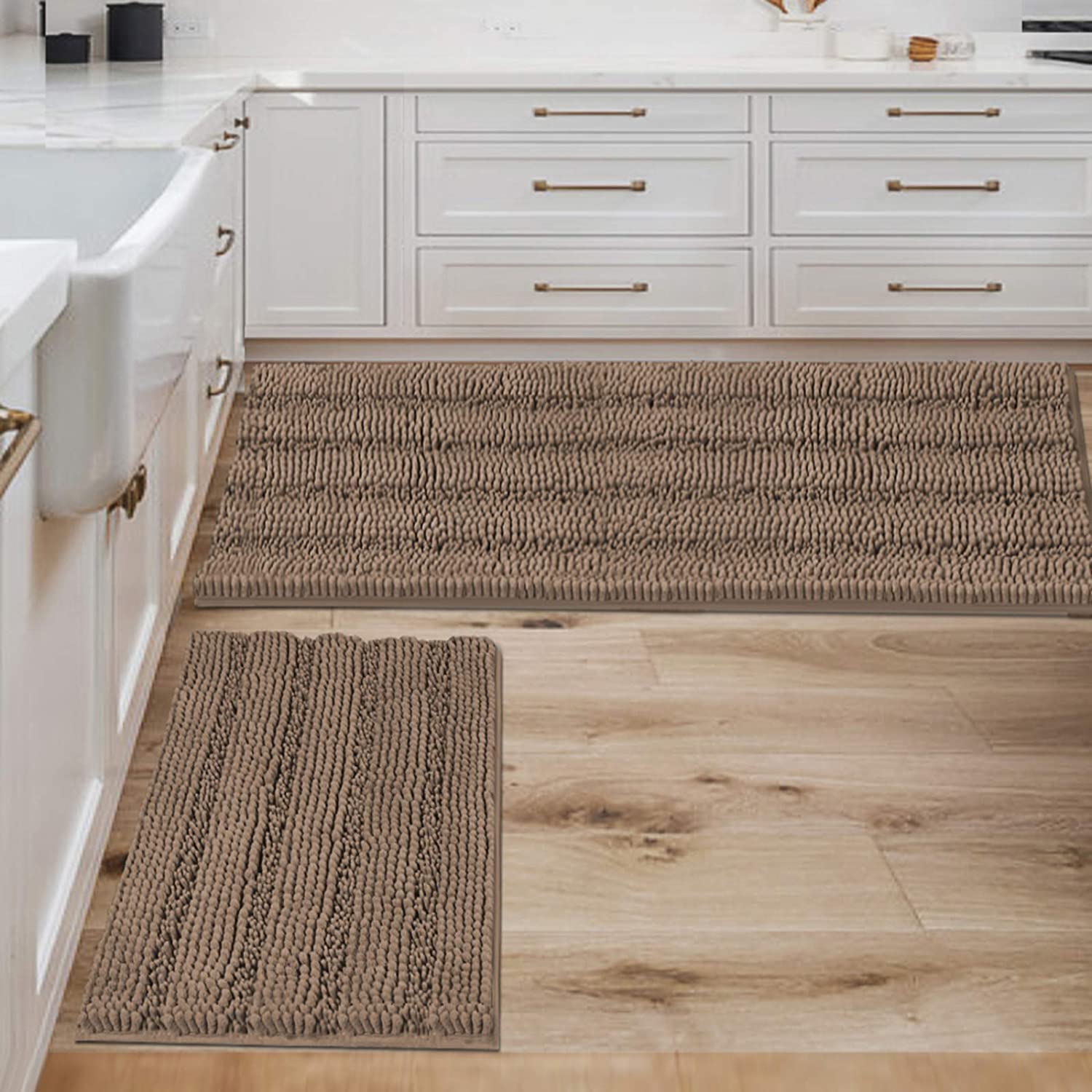 Bathroom Rugs, Super Absorbent Chenille Striped Non Skid Machine Wash Dry Rugs, Set of 2, 47 x 17 Plus 17 x 24 Inches-Toppalletfly
