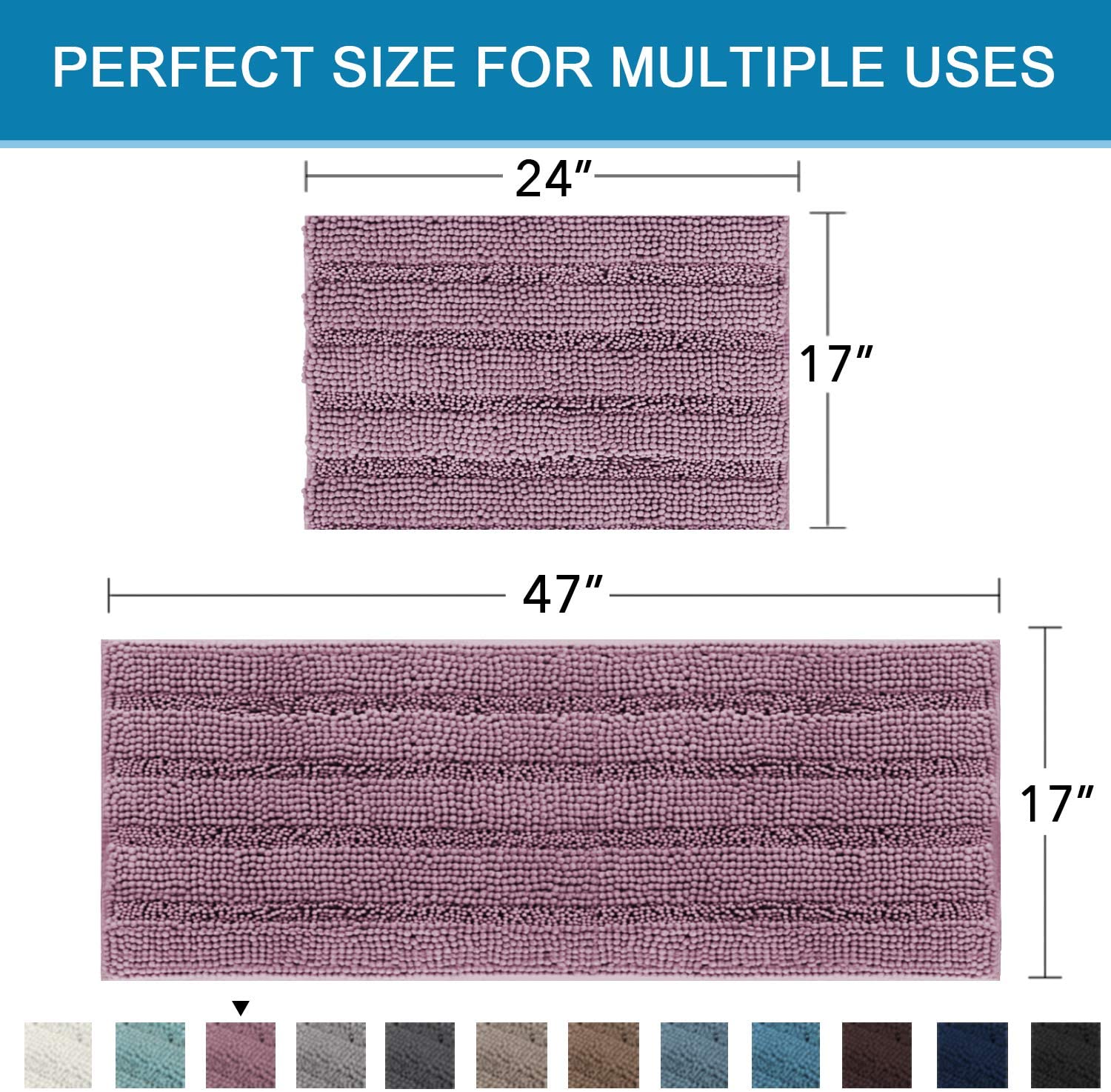 Bathroom Rugs, Super Absorbent Chenille Striped Non Skid Machine Wash Dry Rugs, Set of 2, 47 x 17 Plus 17 x 24 Inches-Toppalletfly