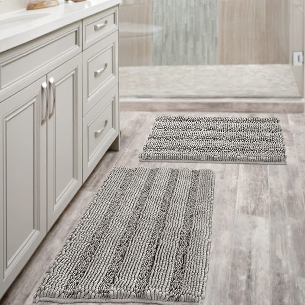 Bathroom Rugs, Super Absorbent Chenille Striped Non Skid Machine Wash Dry Rugs, Set of 2, 47 x 17 Plus 17 x 24 Inches-Toppalletfly