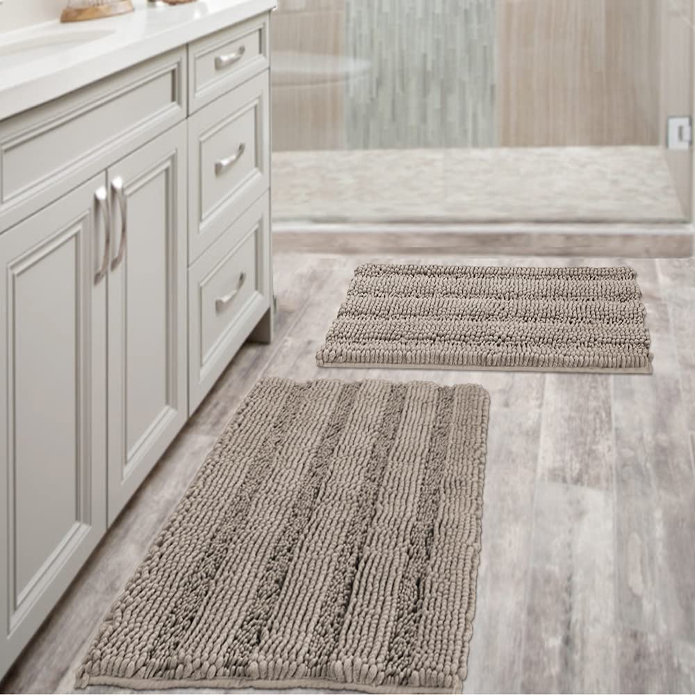 Bathroom Rugs, Super Absorbent Chenille Striped Non Skid Machine Wash Dry Rugs, Set of 2, 47 x 17 Plus 17 x 24 Inches-Toppalletfly