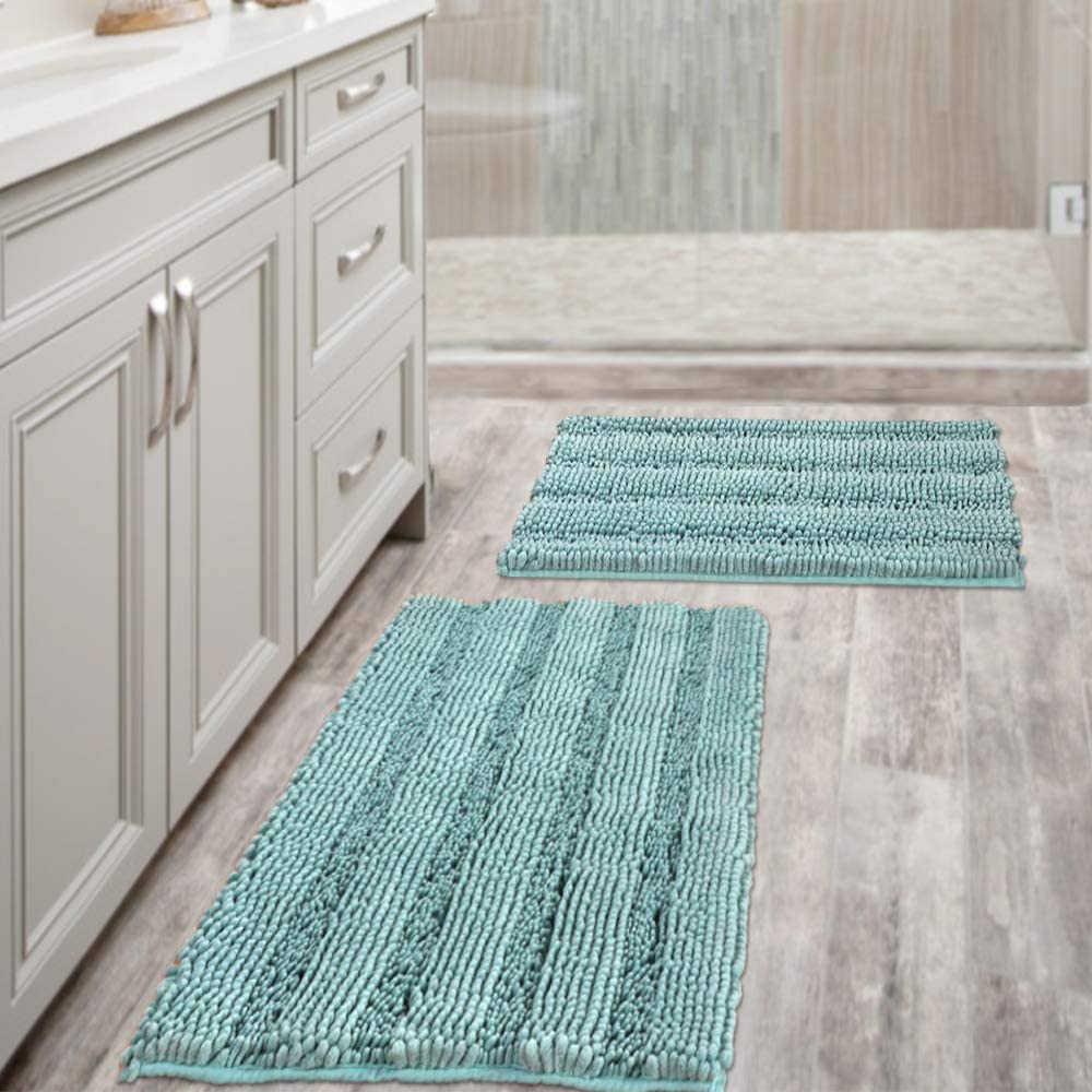 Bathroom Rugs, Super Absorbent Chenille Striped Non Skid Machine Wash Dry Rugs, Set of 2, 47 x 17 Plus 17 x 24 Inches-Toppalletfly