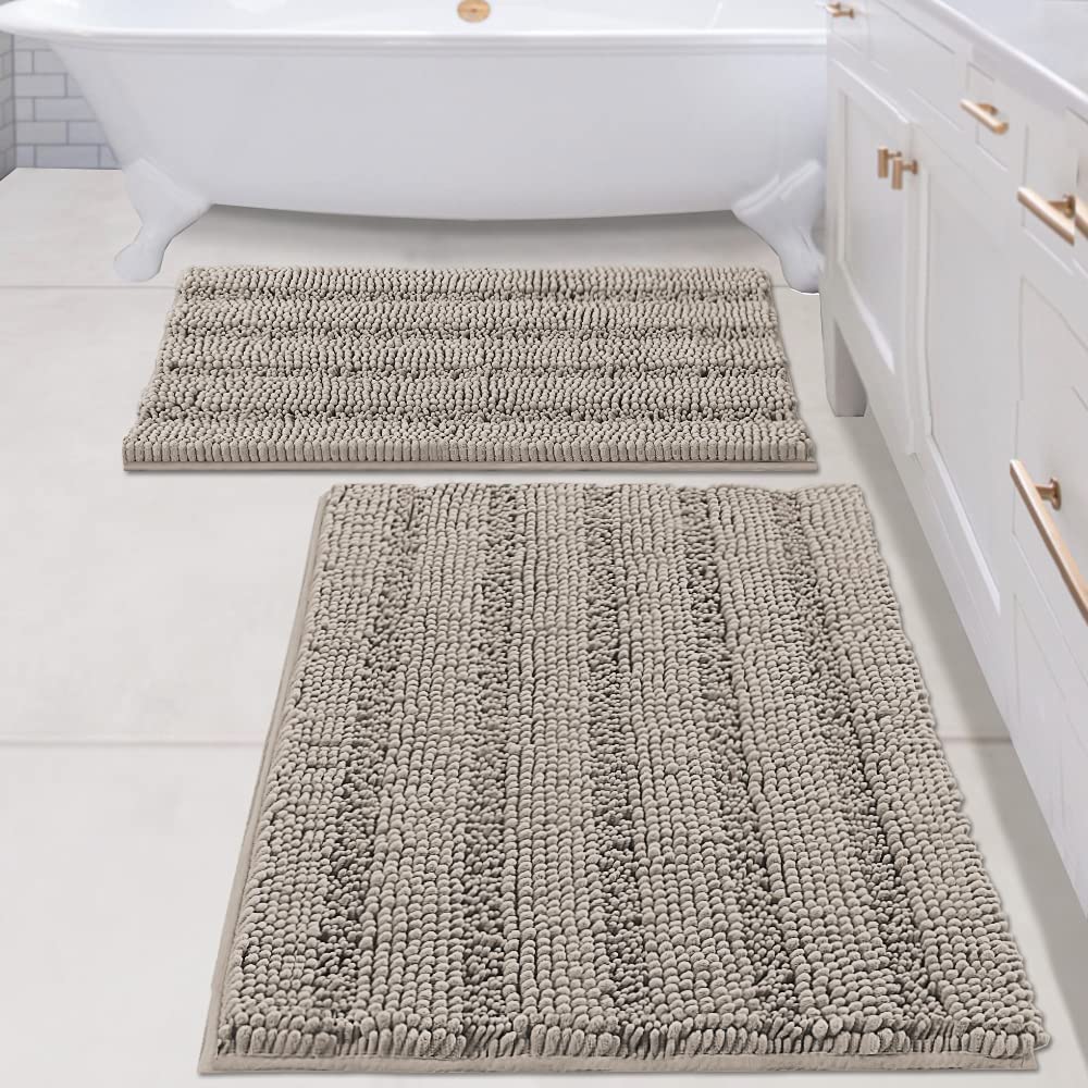 Bathroom Rugs, Super Absorbent Chenille Striped Non Skid Machine Wash Dry Rugs, Set of 2, 47 x 17 Plus 17 x 24 Inches-Toppalletfly