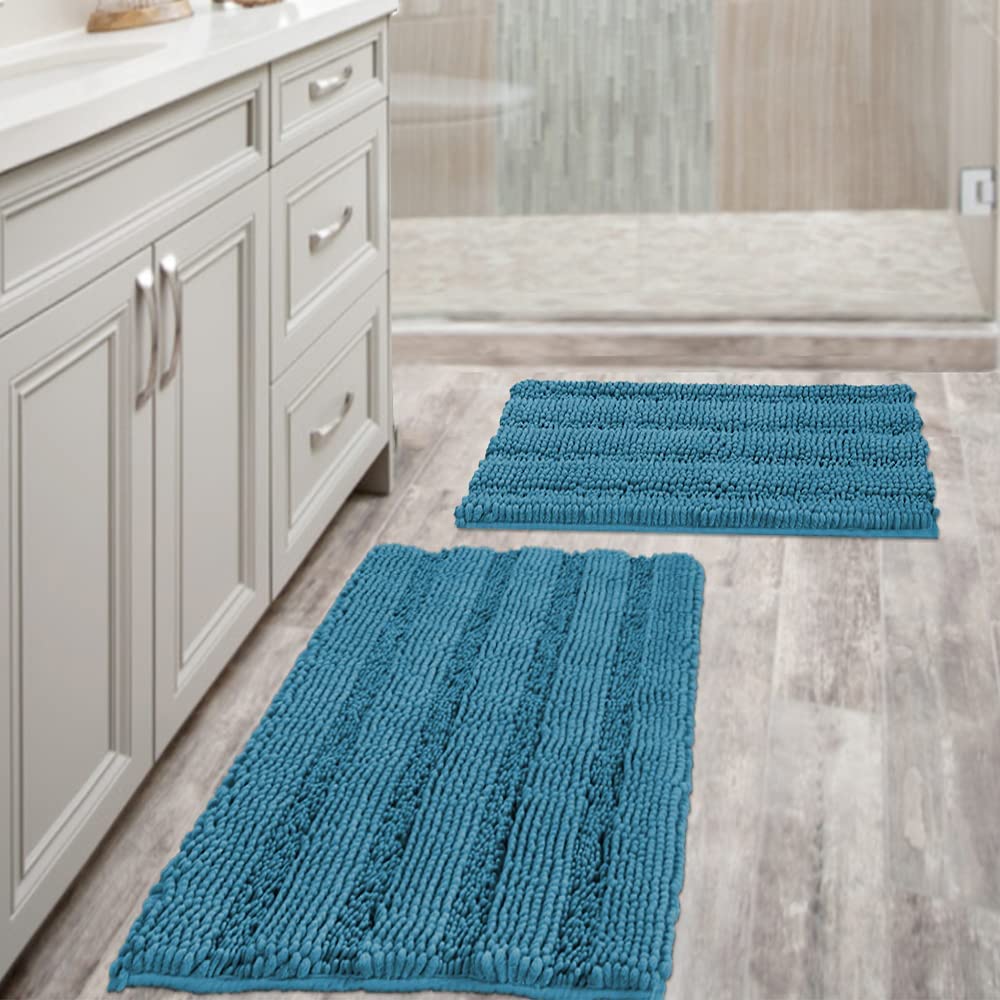 Bathroom Rugs, Super Absorbent Chenille Striped Non Skid Machine Wash Dry Rugs, Set of 2, 47 x 17 Plus 17 x 24 Inches-Toppalletfly