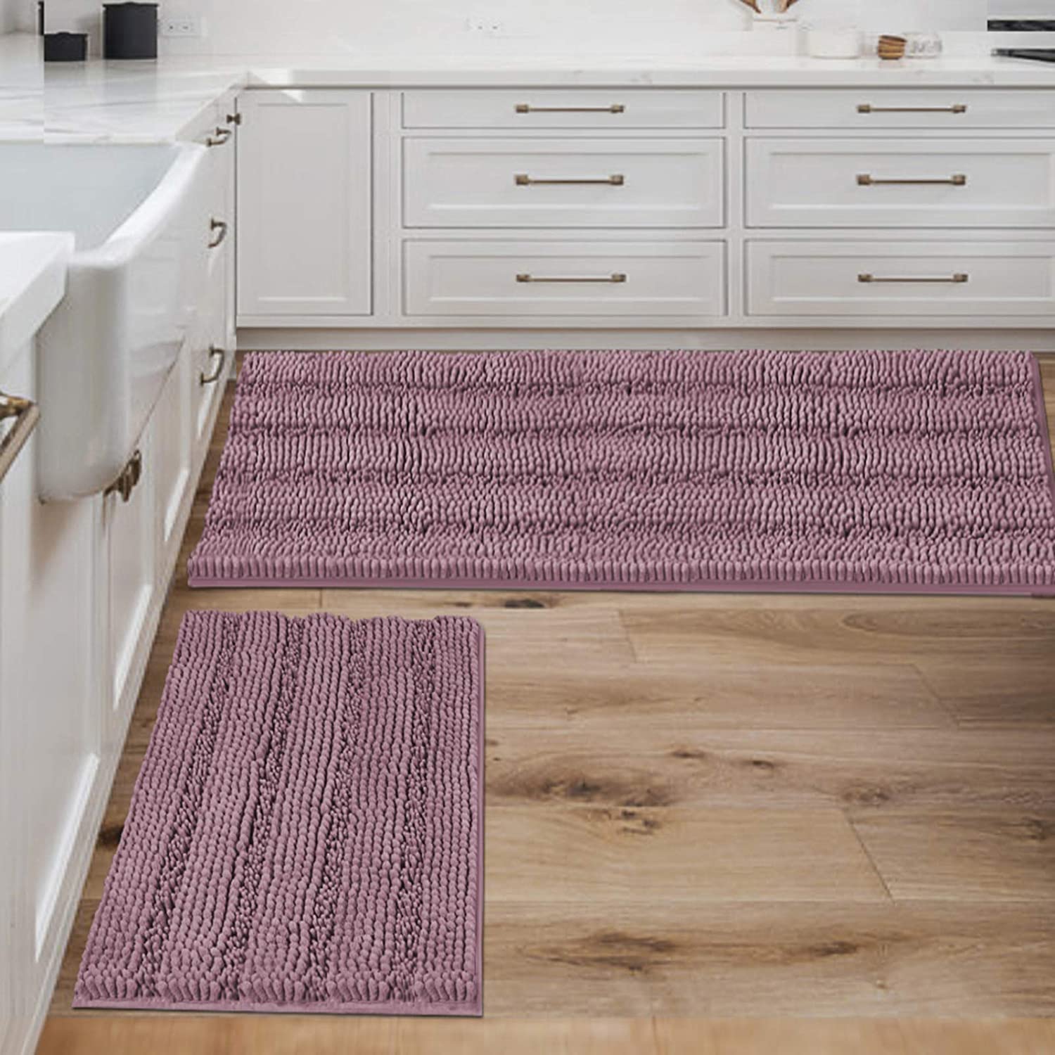 Bathroom Rugs, Super Absorbent Chenille Striped Non Skid Machine Wash Dry Rugs, Set of 2, 47 x 17 Plus 17 x 24 Inches-Toppalletfly