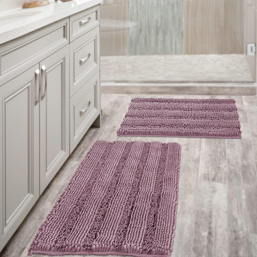 Bathroom Rugs, Super Absorbent Chenille Striped Non Skid Machine Wash Dry Rugs, Set of 2, 47 x 17 Plus 17 x 24 Inches-Toppalletfly