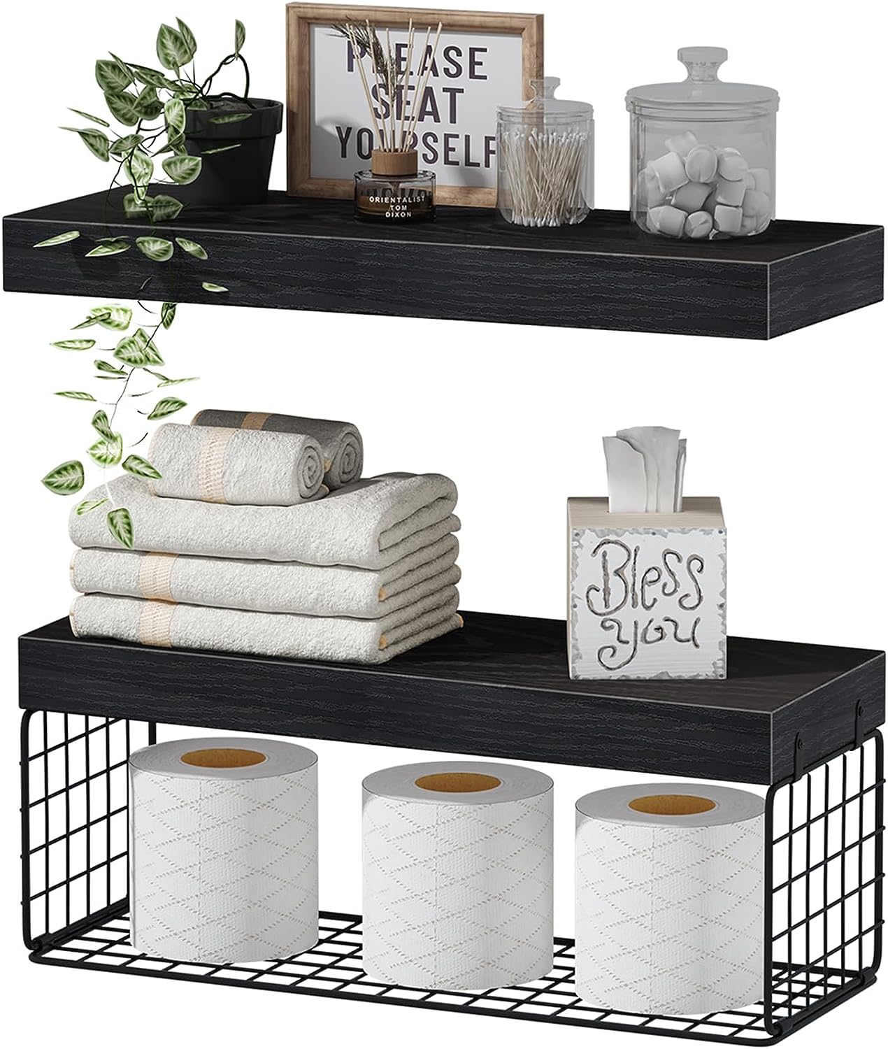 Bathroom Shelves Over Toilet Wall Mounted Floating Shelves Farmhouse Shelf Toilet Paper Holder Small 16-inch Set-Toppalletfly