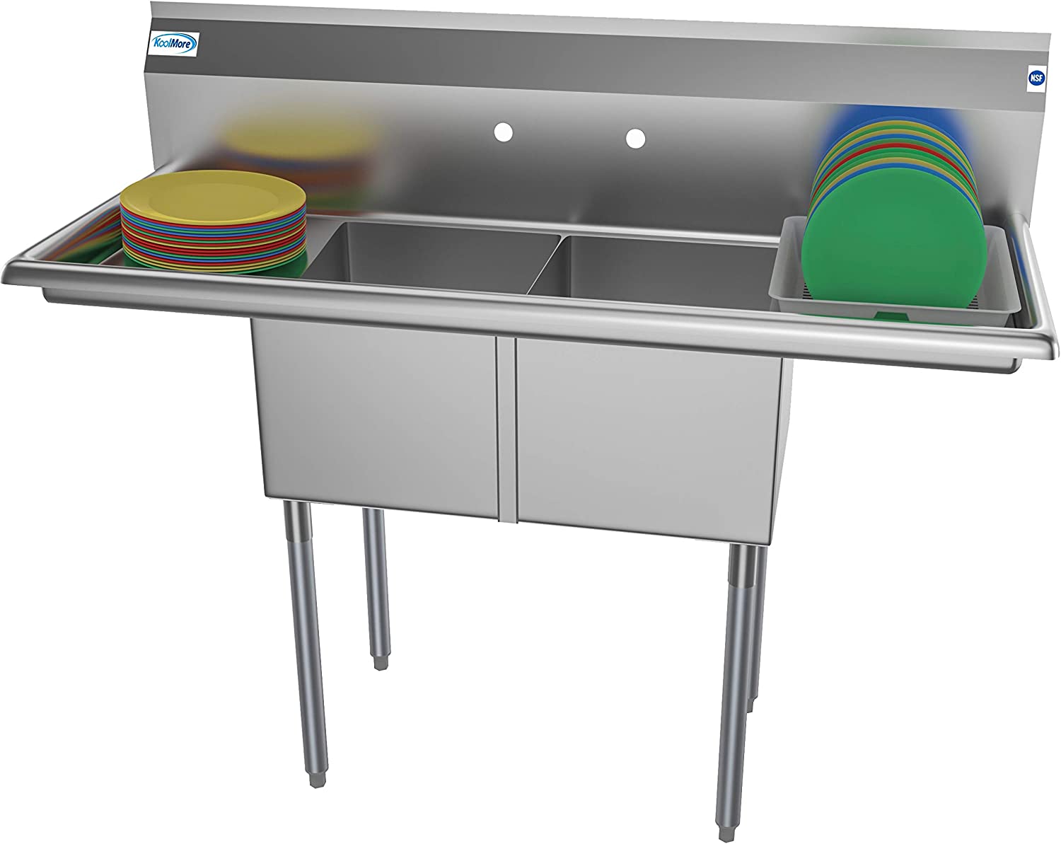 Commercial Kitchen Prep & Utility Sink with Drainboard, 2 Compartment Stainless Steel - Bowl Size 14" x 16" x 11"-Toppalletfly