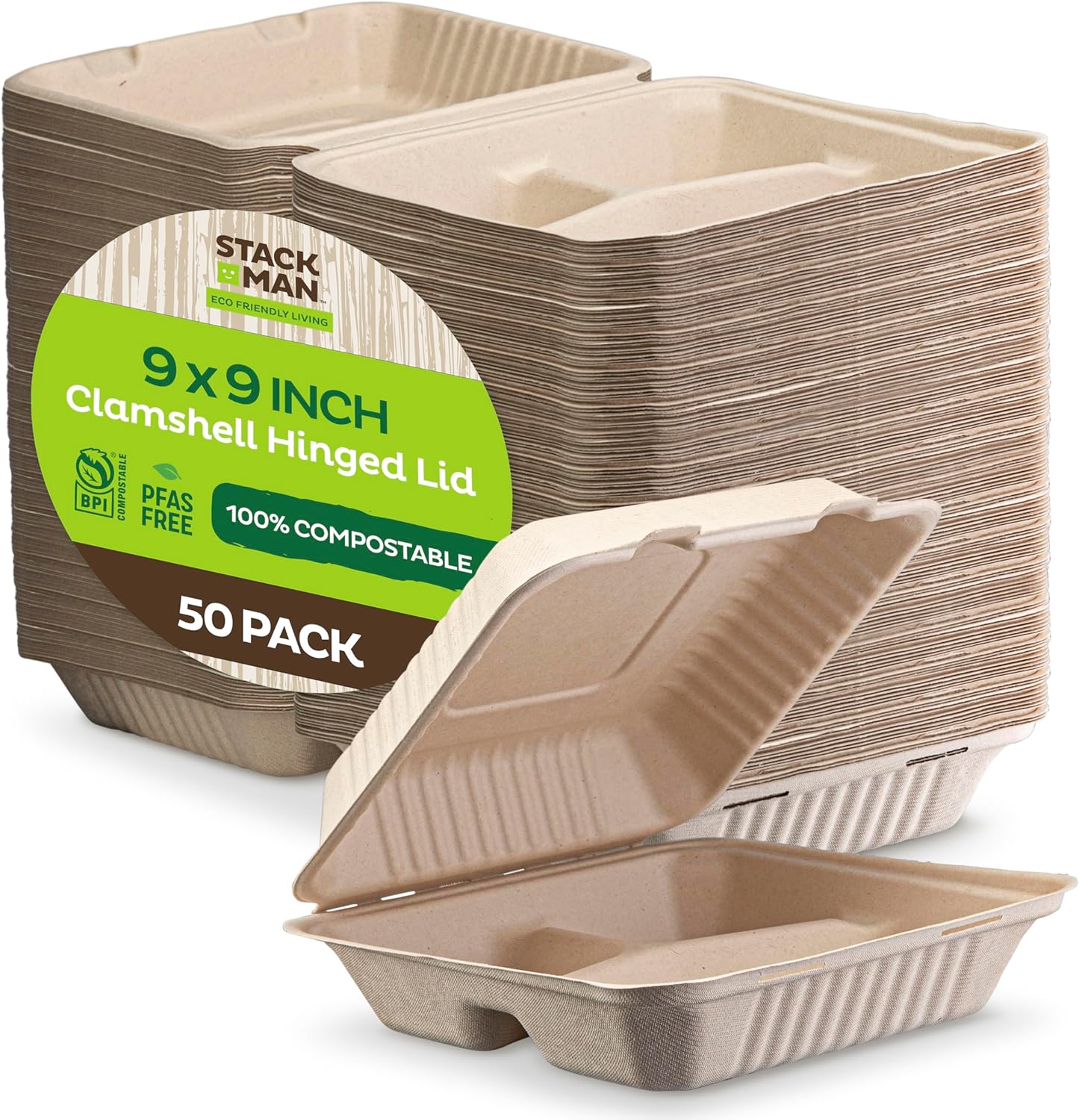 Compostable to Go Containers 3-Compartment Clamshell Take Out Food Container with Hinged Lid, Eco-Friendly, Made of Sugar Cane Bagasse-Toppalletfly