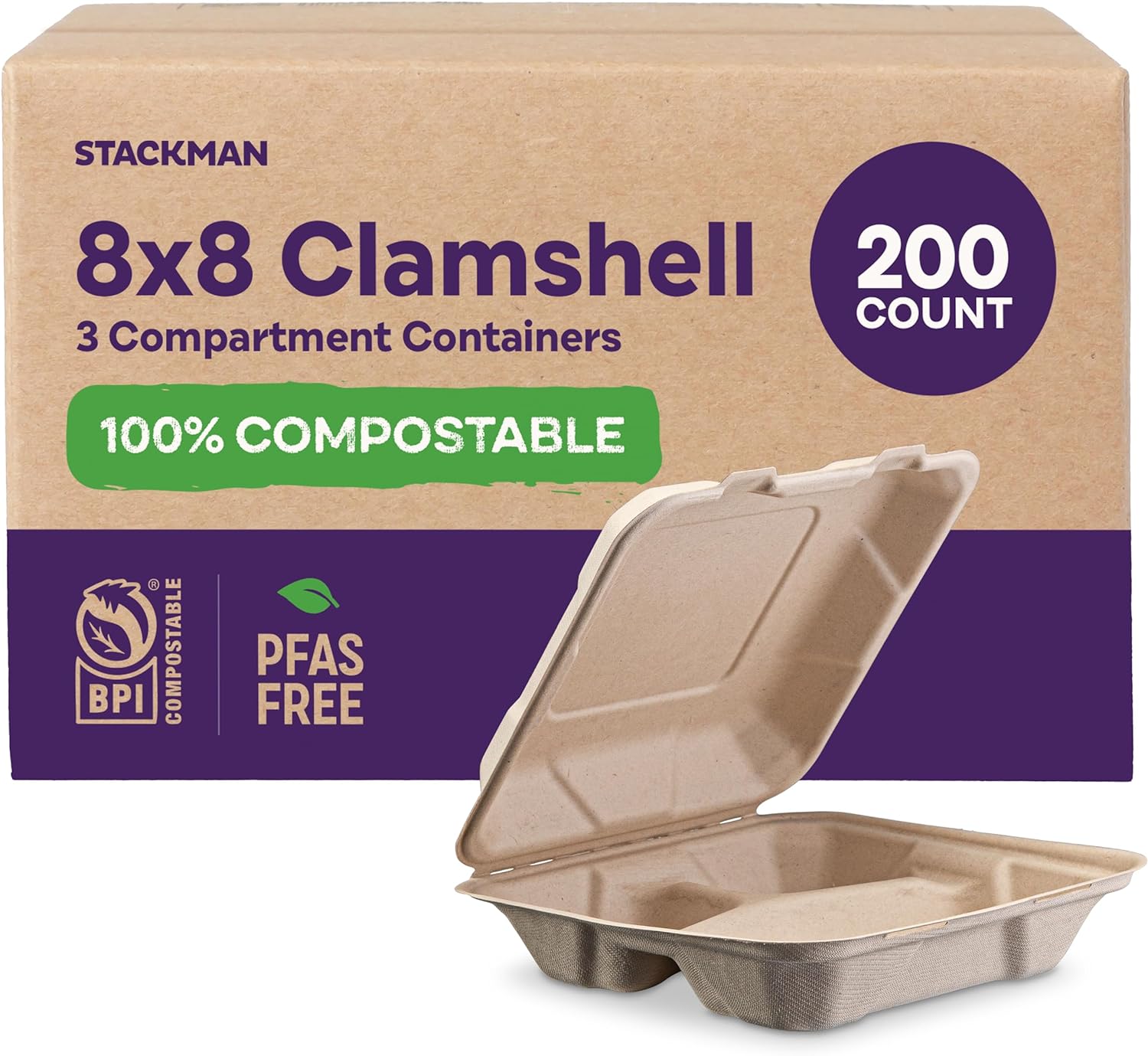 Compostable to Go Containers 3-Compartment Clamshell Take Out Food Container with Hinged Lid, Eco-Friendly, Made of Sugar Cane Bagasse-Toppalletfly