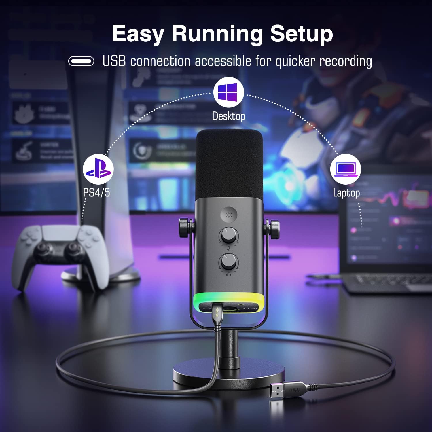Dynamic Microphone for Podcast Recording, PC Computer Gaming Streaming Mic with RGB Light, Mute Button, Headphones Jack, Desktop Stand-Toppalletfly