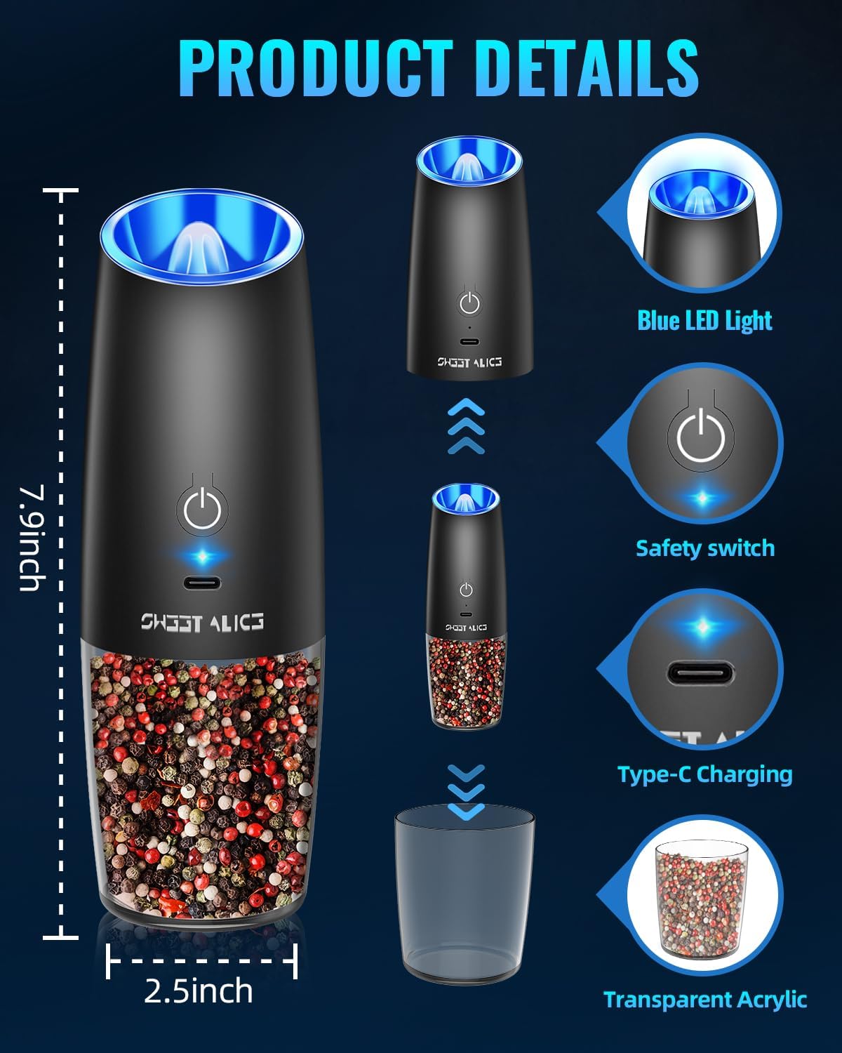 Electric Salt & Pepper Grinder Set, Adjustable Coarseness, LED, One-Hand Use, Stainless Steel 2-Pack-Toppalletfly
