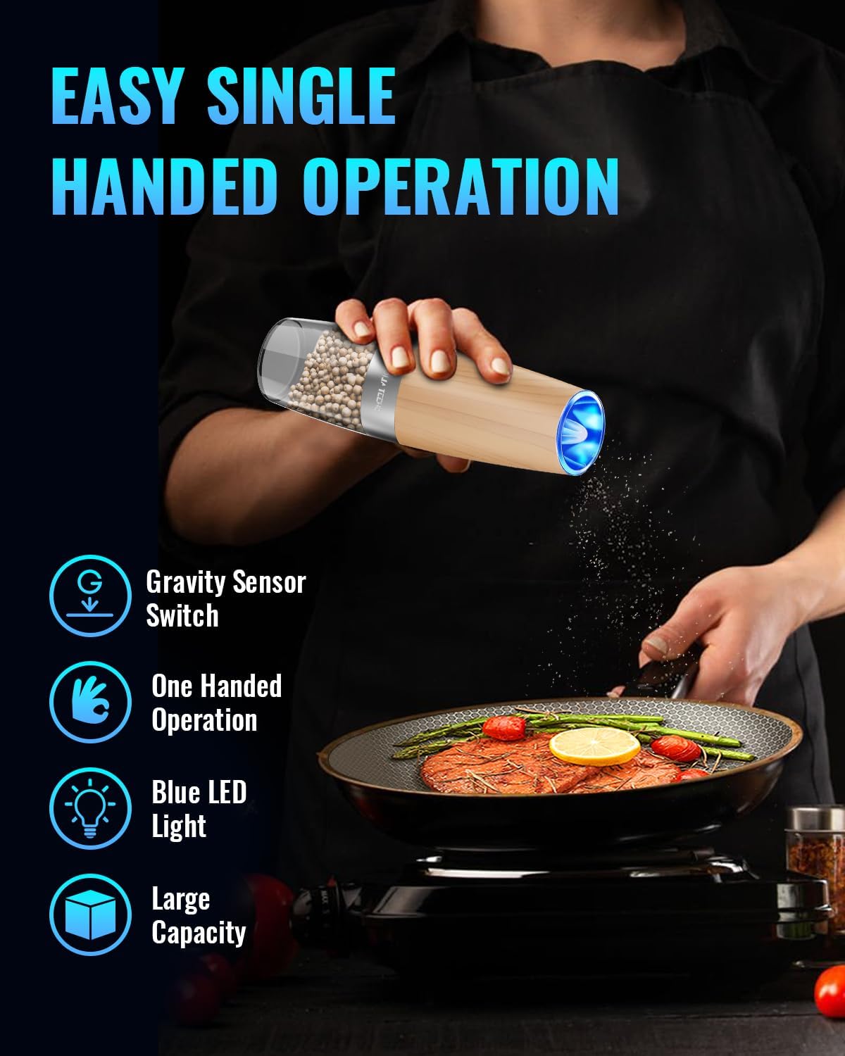 Electric Salt & Pepper Grinder Set, Adjustable Coarseness, LED, One-Hand Use, Stainless Steel 2-Pack-Toppalletfly