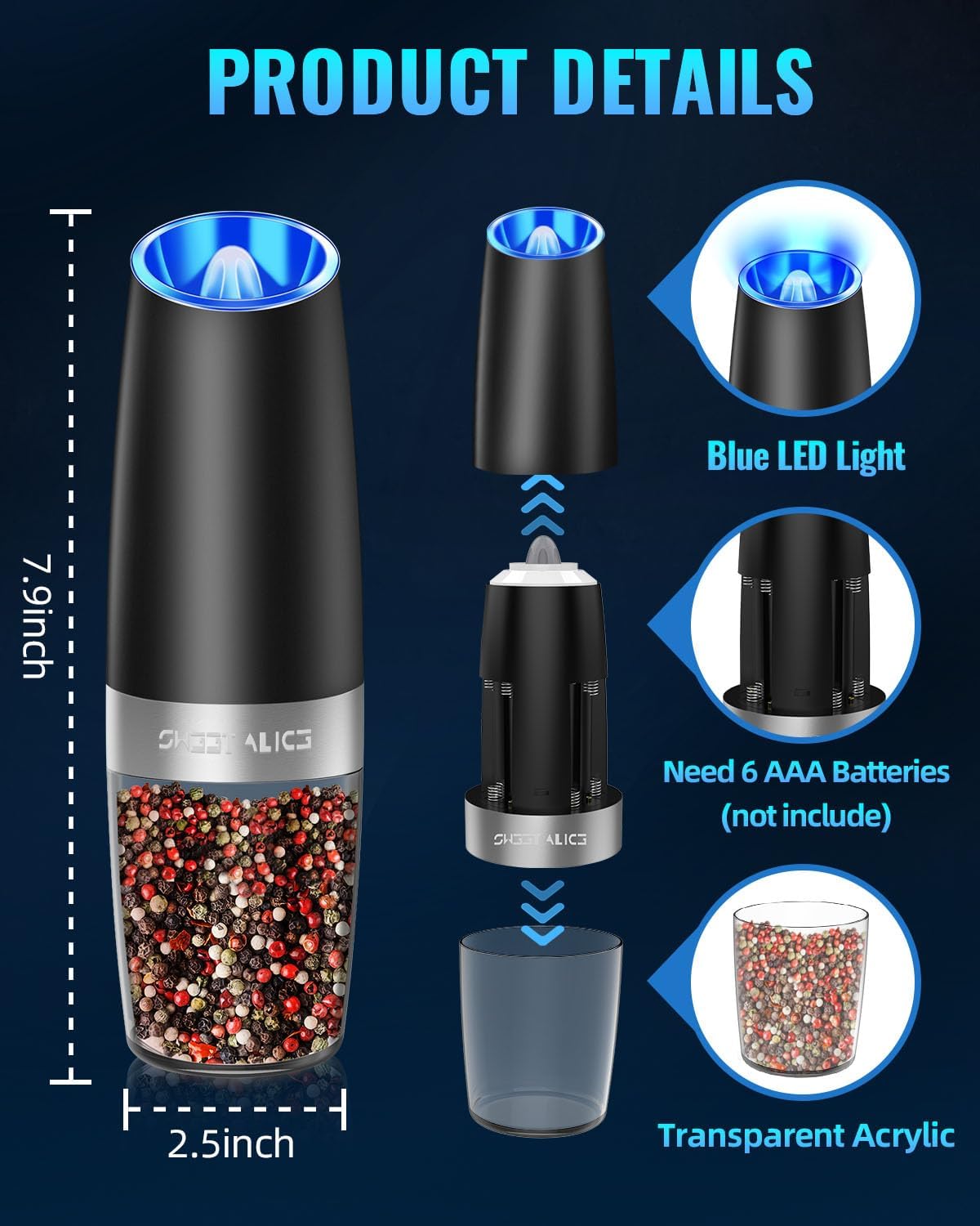Electric Salt & Pepper Grinder Set, Adjustable Coarseness, LED, One-Hand Use, Stainless Steel 2-Pack-Toppalletfly