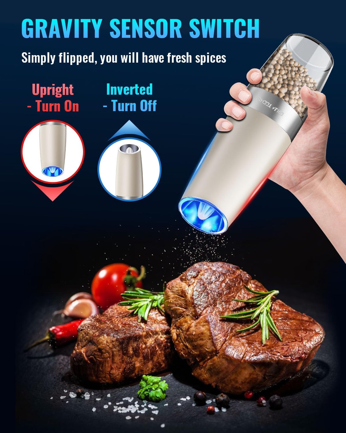 Electric Salt & Pepper Grinder Set, Adjustable Coarseness, LED, One-Hand Use, Stainless Steel 2-Pack-Toppalletfly