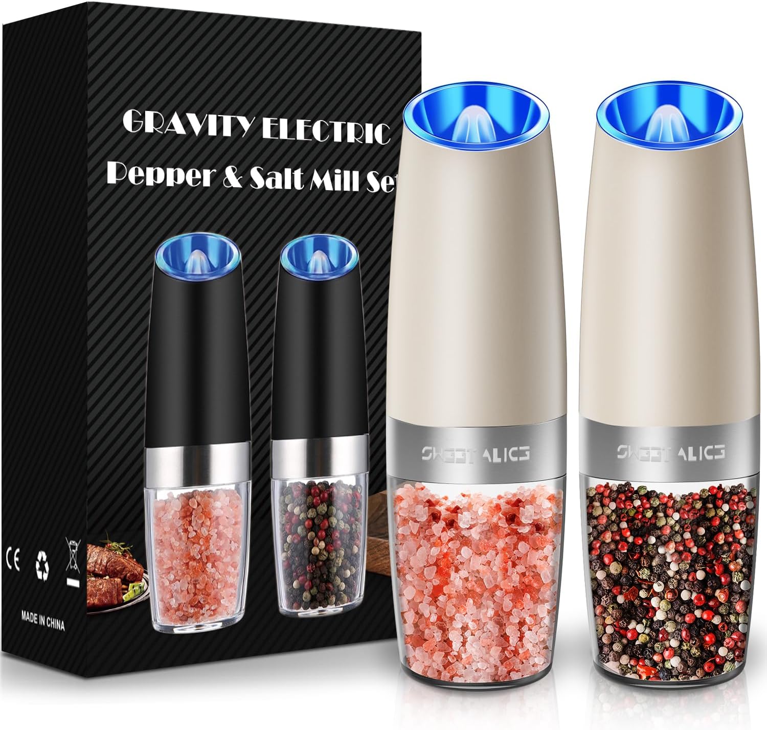 Electric Salt & Pepper Grinder Set, Adjustable Coarseness, LED, One-Hand Use, Stainless Steel 2-Pack-Toppalletfly