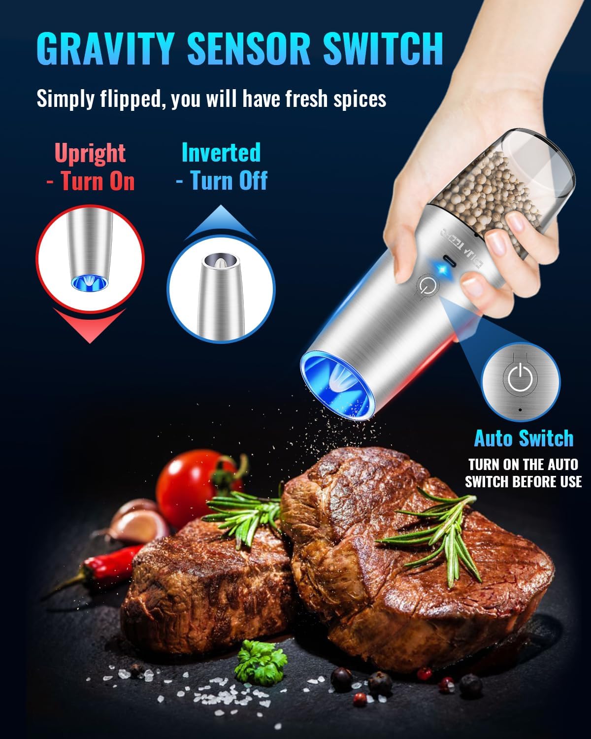 Electric Salt & Pepper Grinder Set, Adjustable Coarseness, LED, One-Hand Use, Stainless Steel 2-Pack-Toppalletfly