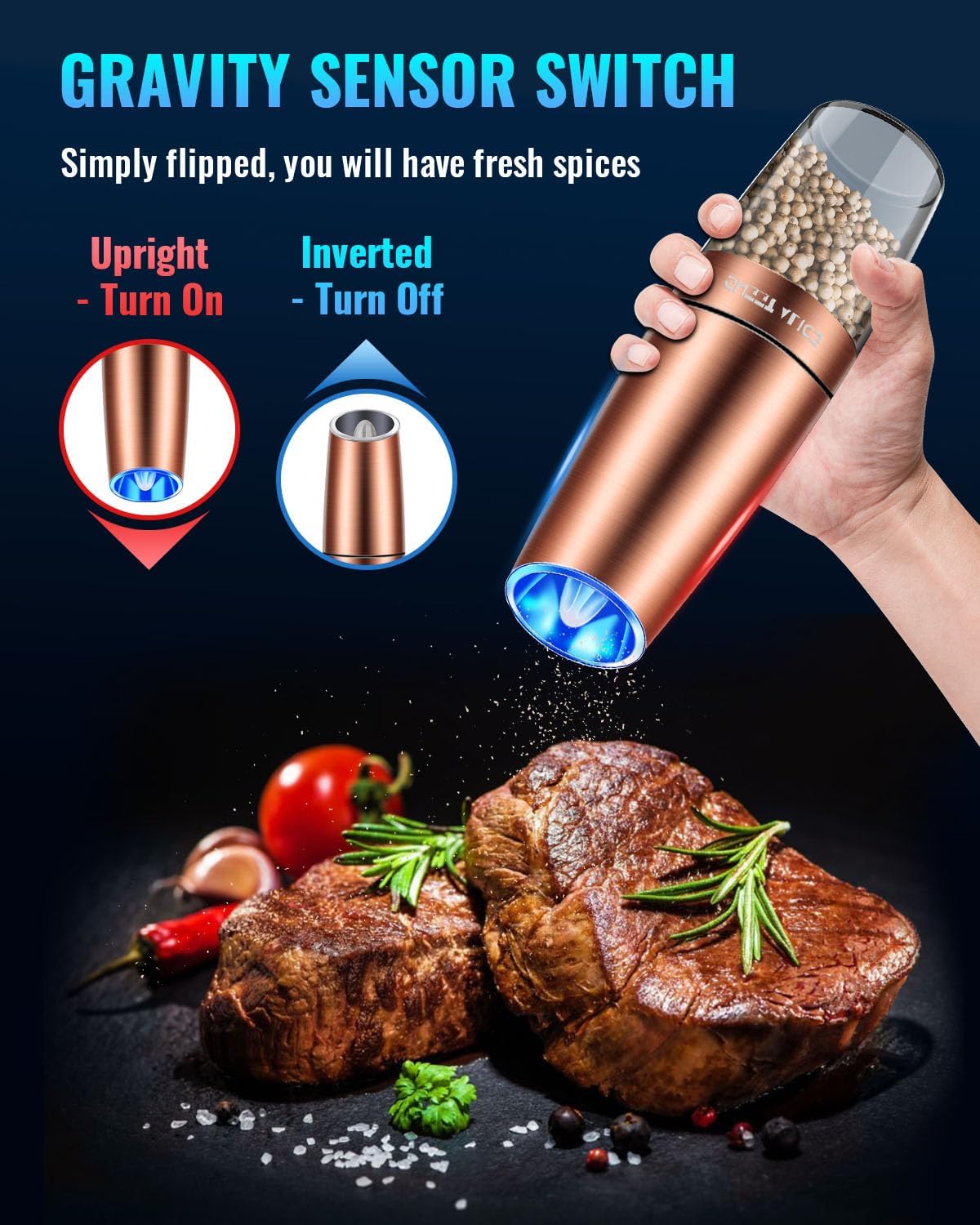 Electric Salt & Pepper Grinder Set, Adjustable Coarseness, LED, One-Hand Use, Stainless Steel 2-Pack-Toppalletfly