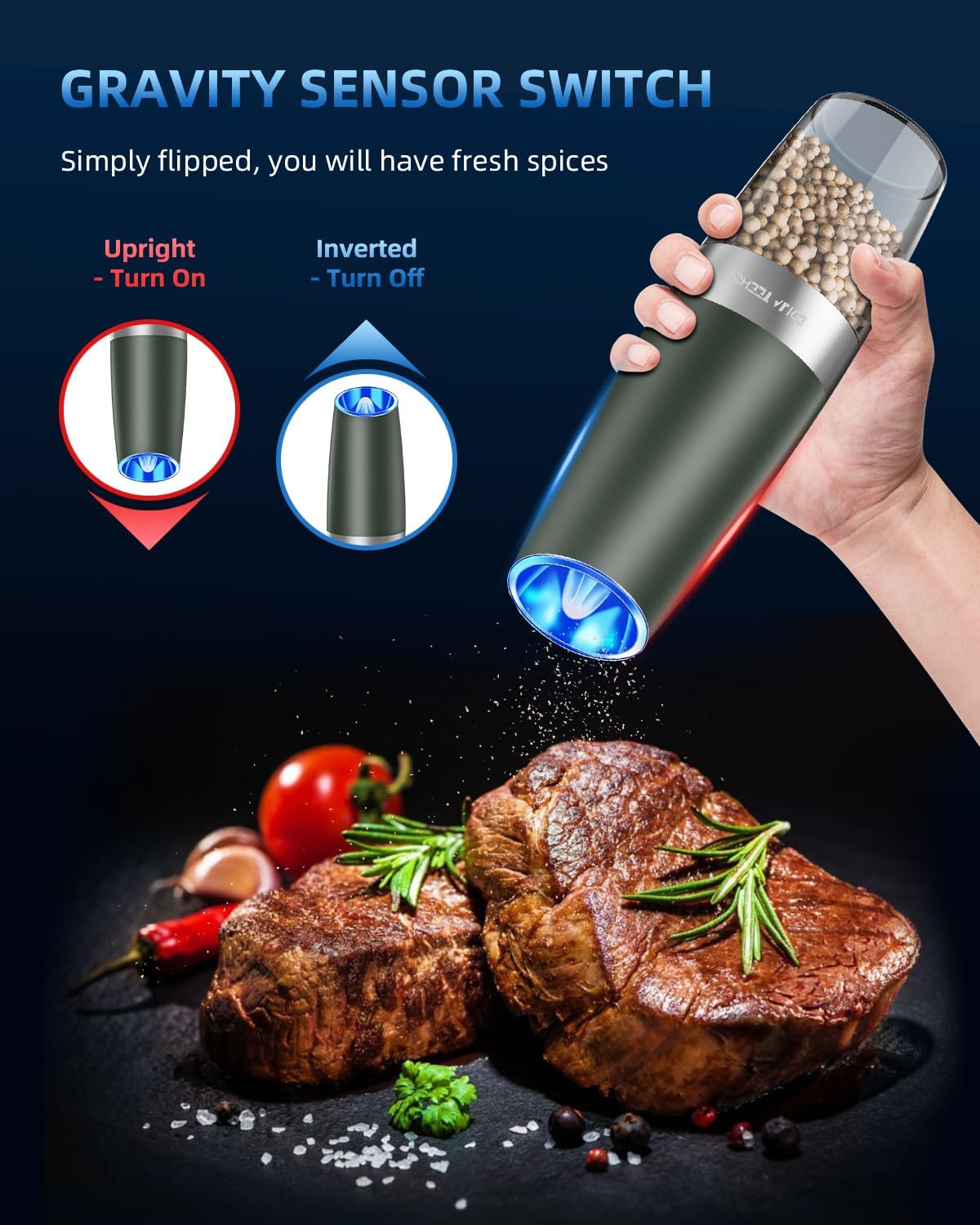 Electric Salt & Pepper Grinder Set, Adjustable Coarseness, LED, One-Hand Use, Stainless Steel 2-Pack-Toppalletfly