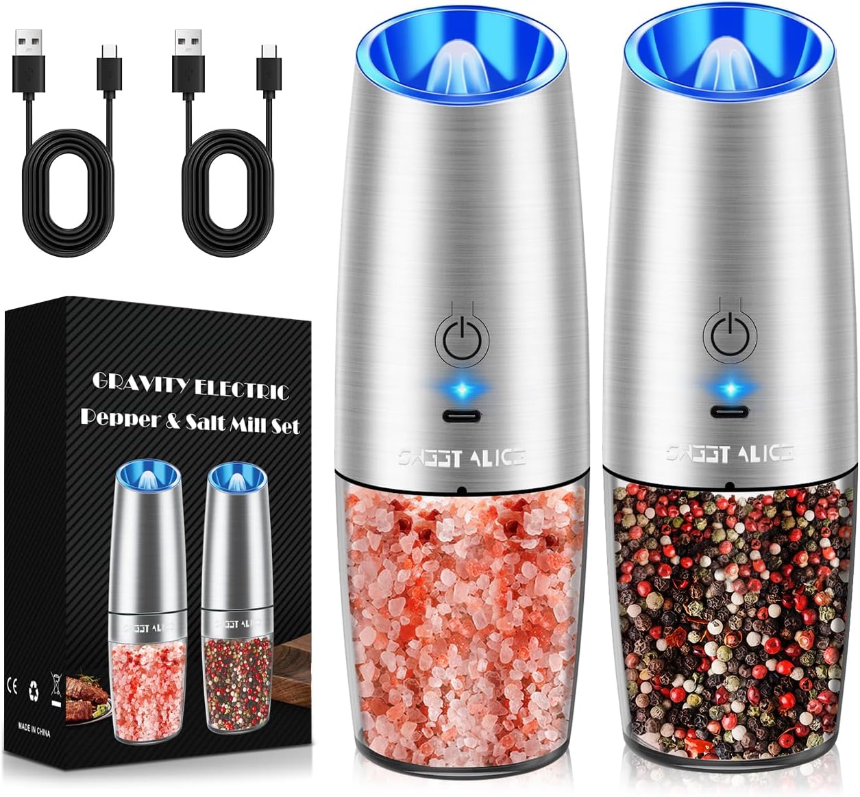 Electric Salt & Pepper Grinder Set, Adjustable Coarseness, LED, One-Hand Use, Stainless Steel 2-Pack-Toppalletfly
