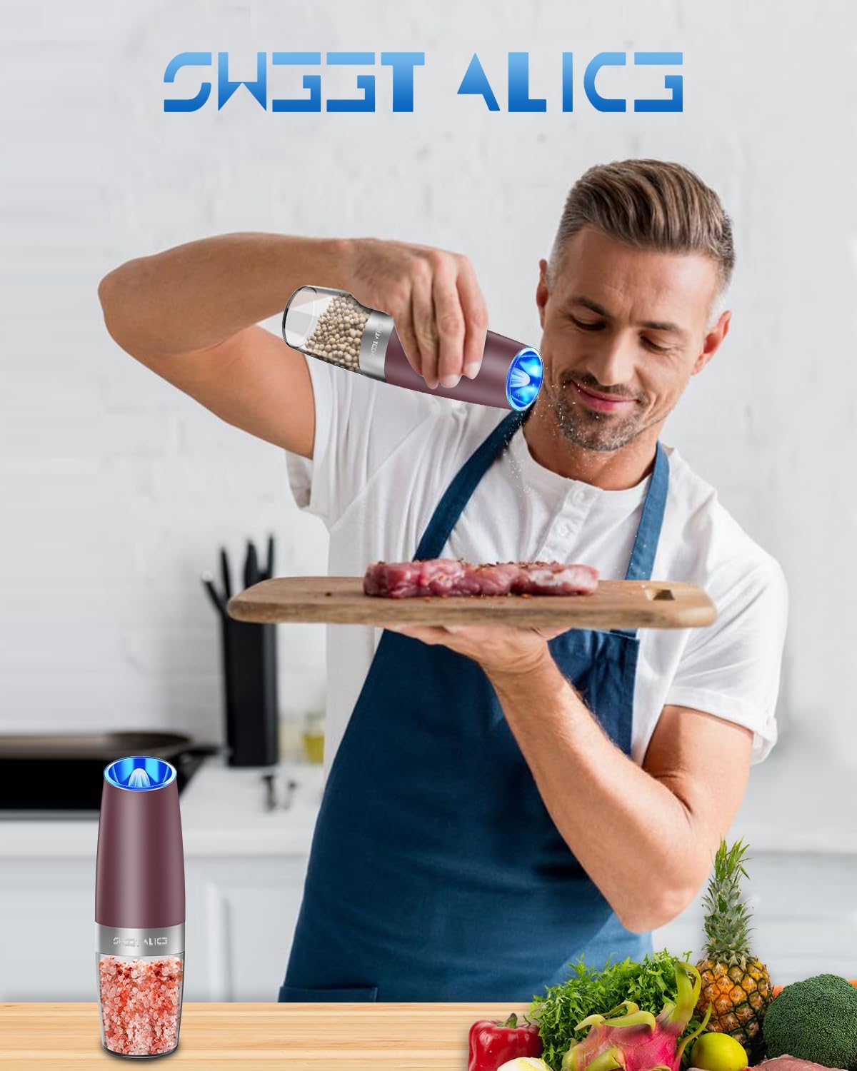 Electric Salt & Pepper Grinder Set, Adjustable Coarseness, LED, One-Hand Use, Stainless Steel 2-Pack-Toppalletfly