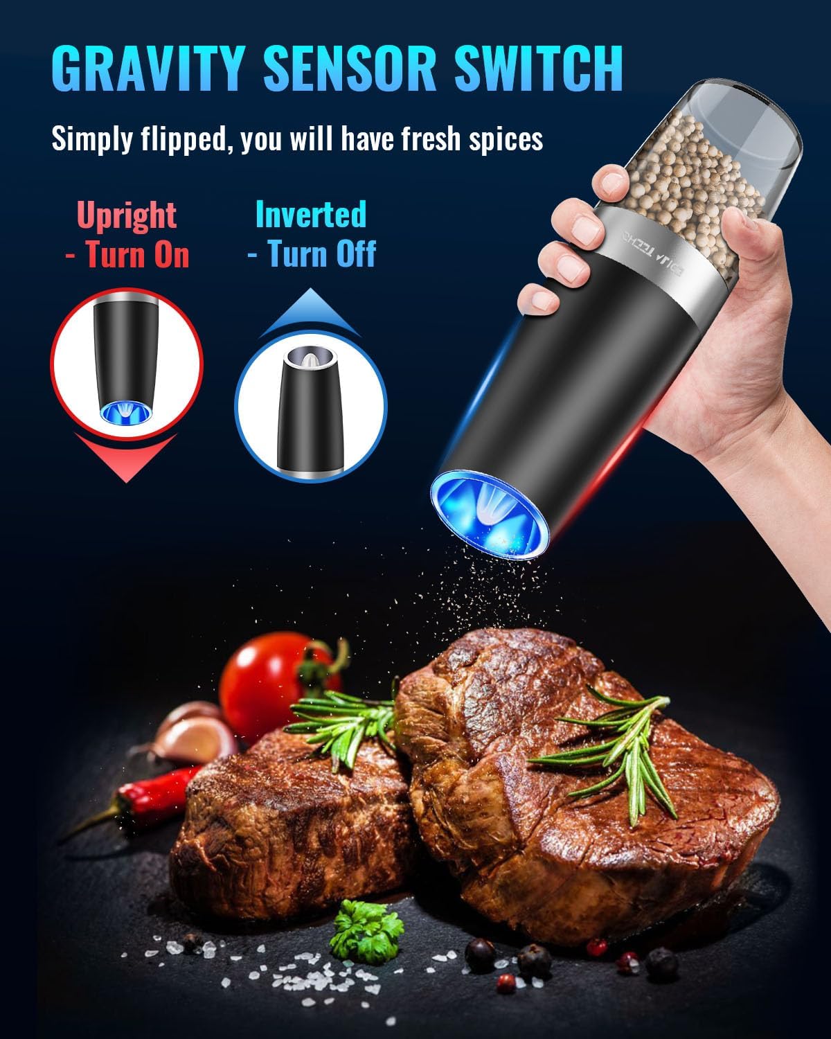 Electric Salt & Pepper Grinder Set, Adjustable Coarseness, LED, One-Hand Use, Stainless Steel 2-Pack-Toppalletfly
