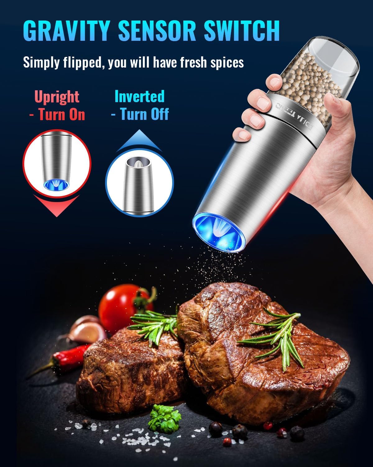 Electric Salt & Pepper Grinder Set, Adjustable Coarseness, LED, One-Hand Use, Stainless Steel 2-Pack-Toppalletfly