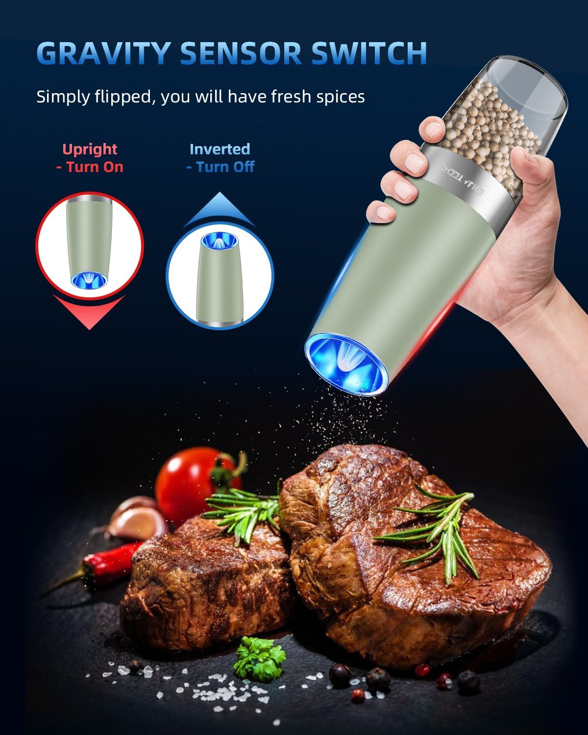 Electric Salt & Pepper Grinder Set, Adjustable Coarseness, LED, One-Hand Use, Stainless Steel 2-Pack-Toppalletfly