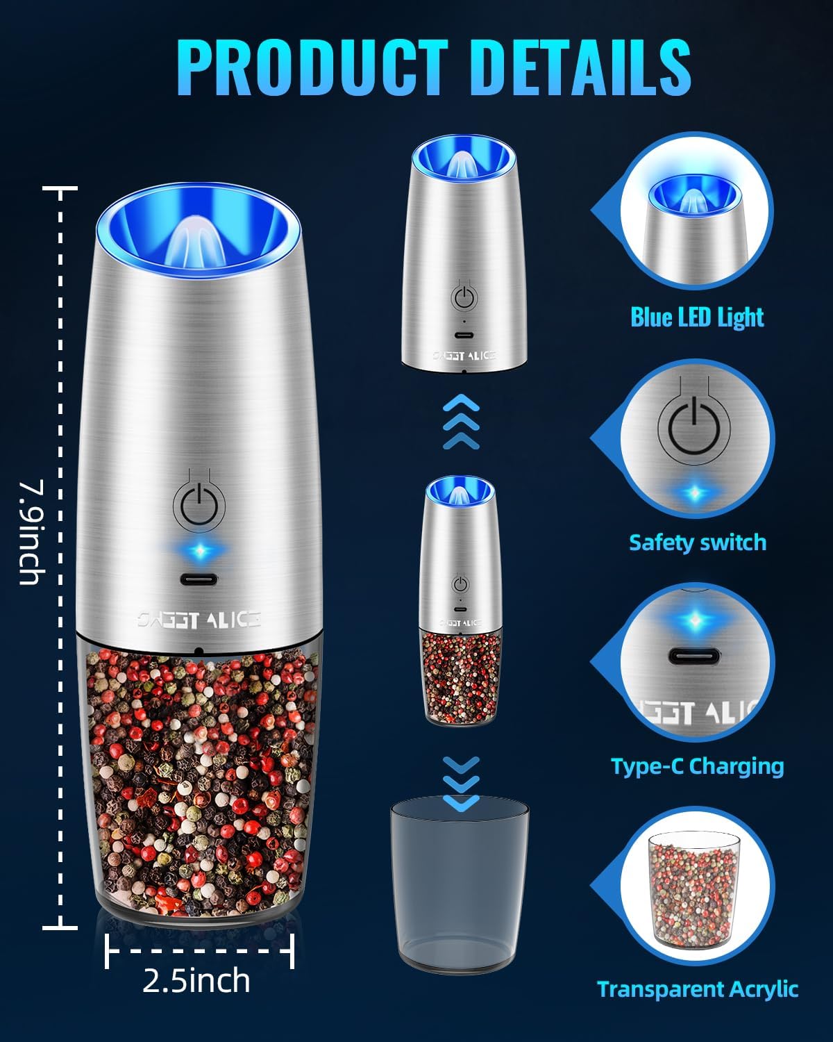 Electric Salt & Pepper Grinder Set, Adjustable Coarseness, LED, One-Hand Use, Stainless Steel 2-Pack-Toppalletfly