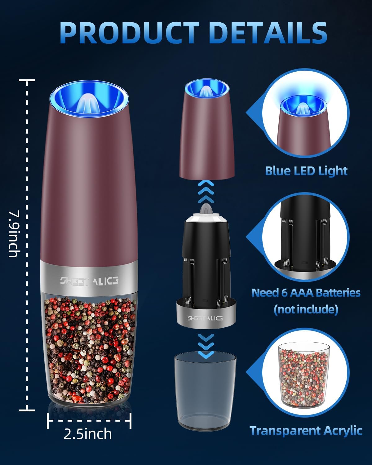 Electric Salt & Pepper Grinder Set, Adjustable Coarseness, LED, One-Hand Use, Stainless Steel 2-Pack-Toppalletfly