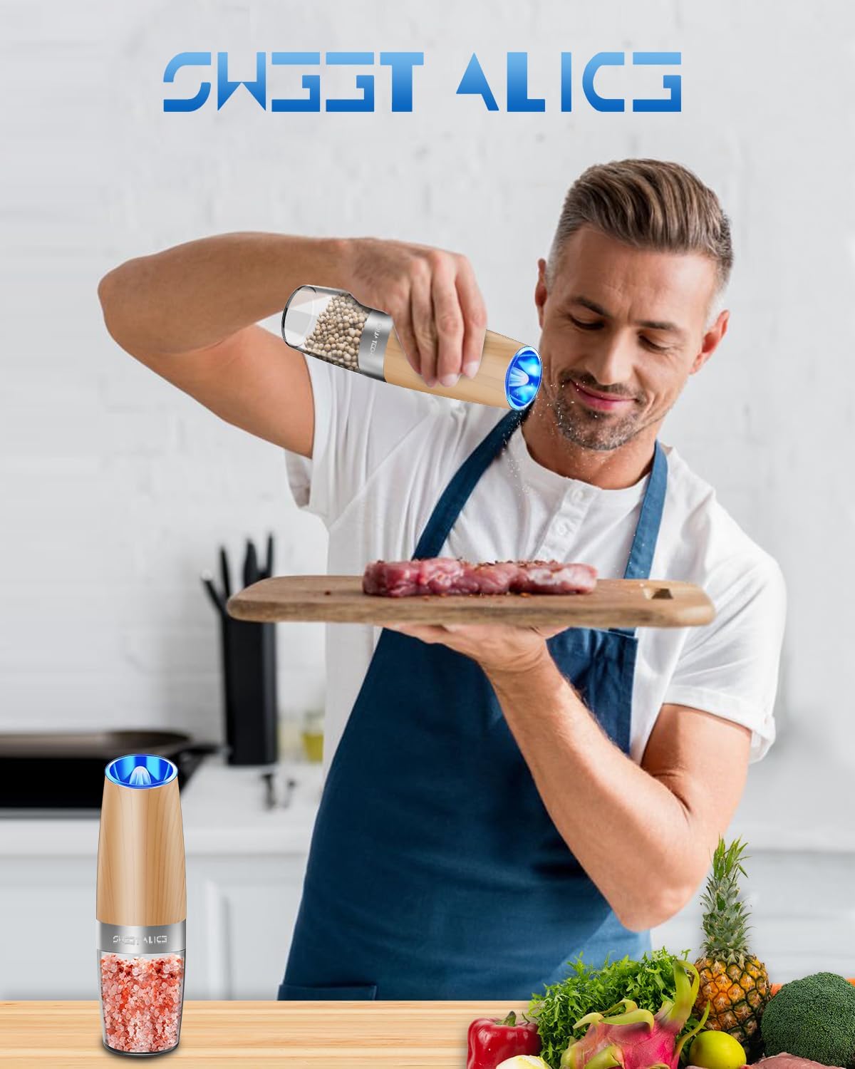 Electric Salt & Pepper Grinder Set, Adjustable Coarseness, LED, One-Hand Use, Stainless Steel 2-Pack-Toppalletfly