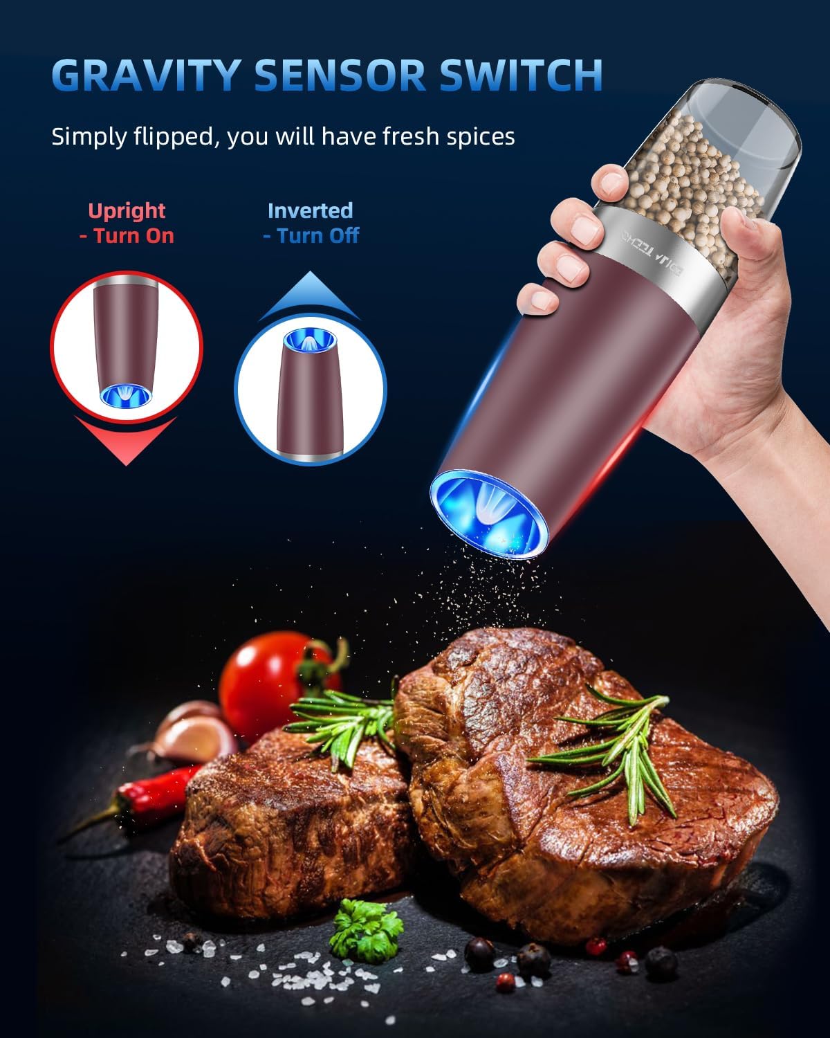 Electric Salt & Pepper Grinder Set, Adjustable Coarseness, LED, One-Hand Use, Stainless Steel 2-Pack-Toppalletfly