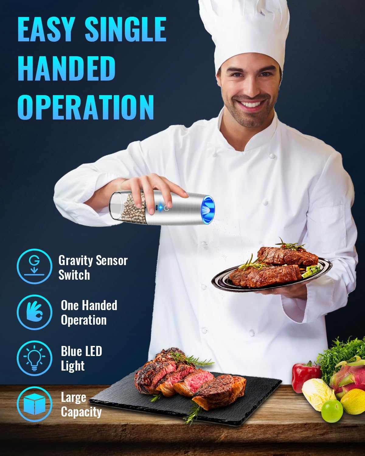 Electric Salt & Pepper Grinder Set, Adjustable Coarseness, LED, One-Hand Use, Stainless Steel 2-Pack-Toppalletfly