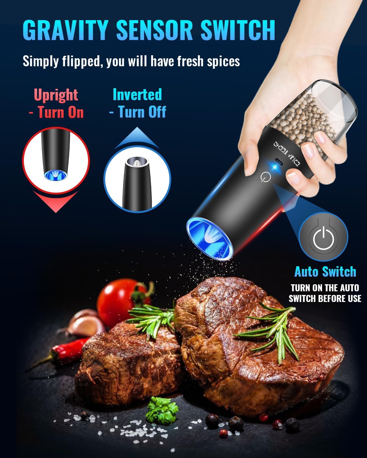 Electric Salt & Pepper Grinder Set, Adjustable Coarseness, LED, One-Hand Use, Stainless Steel 2-Pack-Toppalletfly