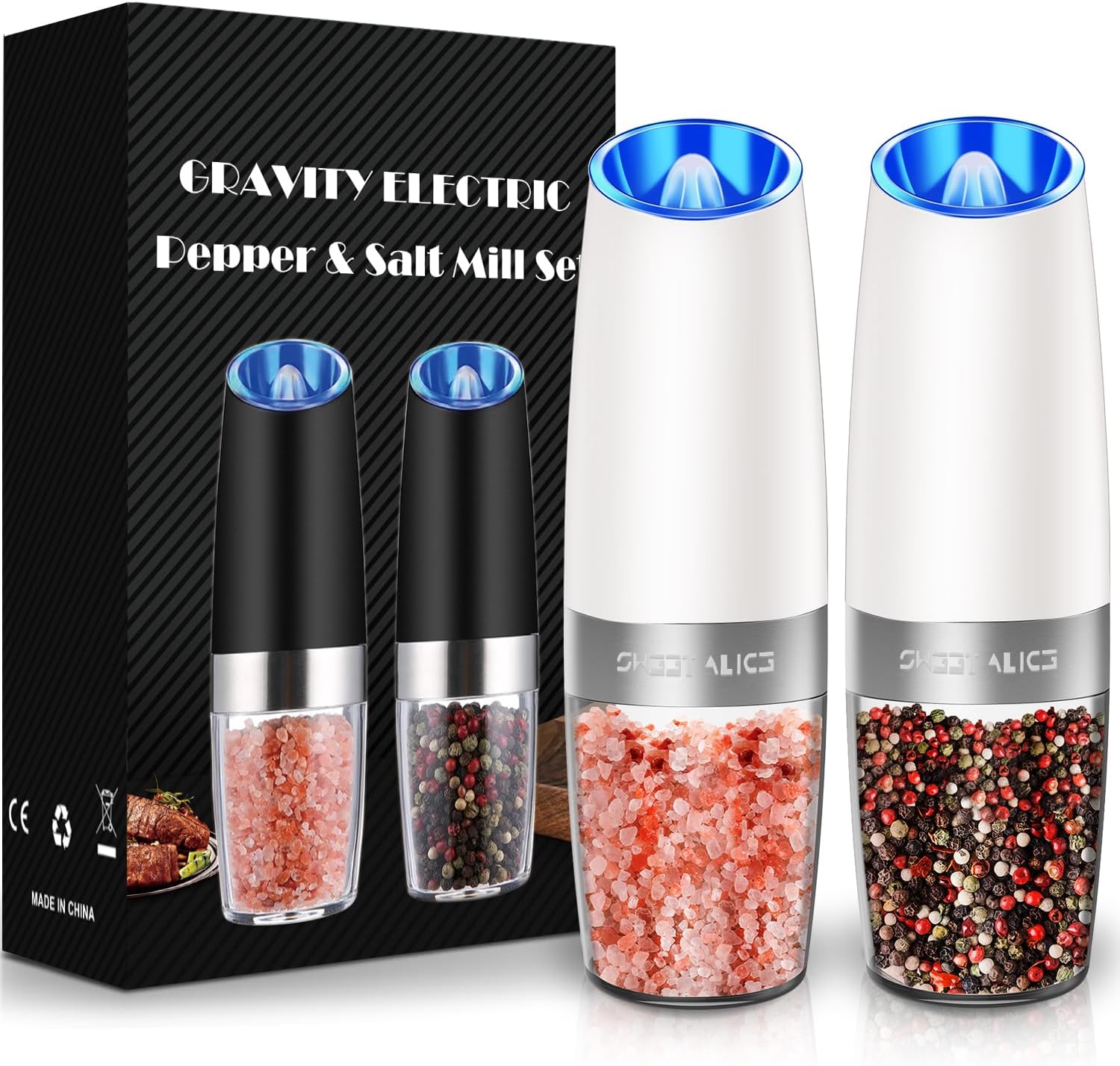 Electric Salt & Pepper Grinder Set, Adjustable Coarseness, LED, One-Hand Use, Stainless Steel 2-Pack-Toppalletfly