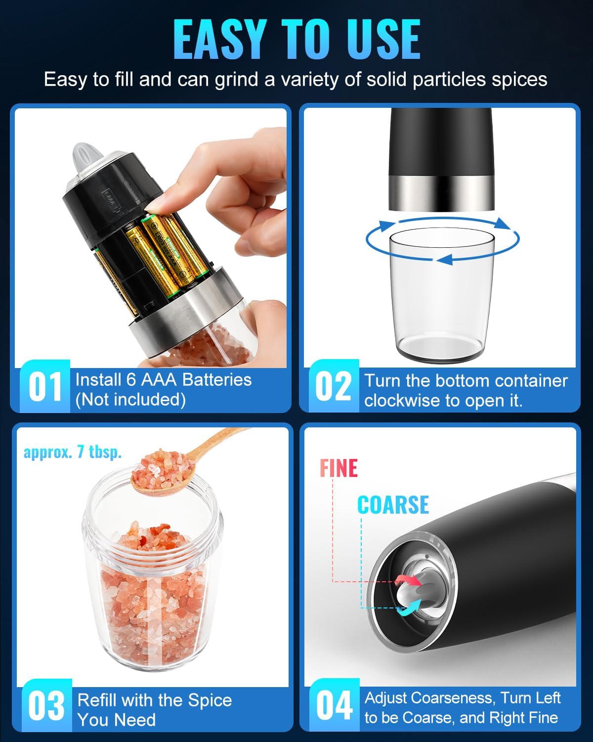 Electric Salt & Pepper Grinder Set, Adjustable Coarseness, LED, One-Hand Use, Stainless Steel 2-Pack-Toppalletfly