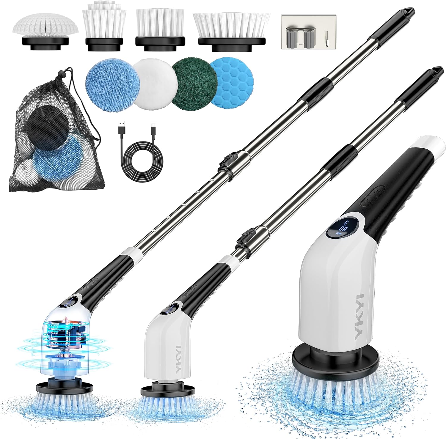 Electric Spin Scrubber, Cordless Cleaning Brush with 8 Replaceable Brush Heads, 3 Adjustable Speeds, Adjustable & Detachable Long Handle, Voice Broadcast-Toppalletfly