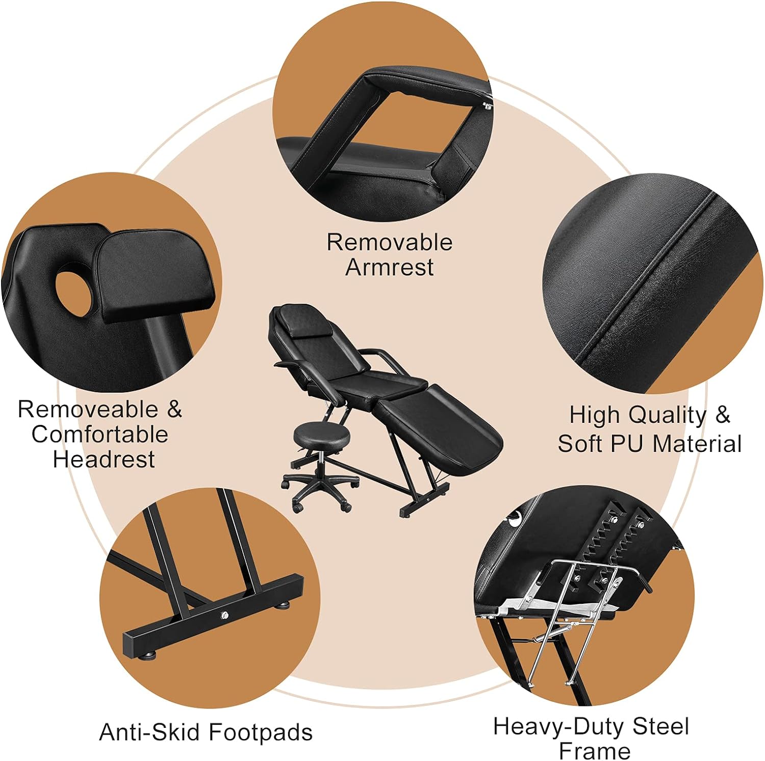 Esthetician Bed with Hydraulic Stool,Multi-Purpose 3-Section Facial Bed Table, Adjustable-Toppalletfly