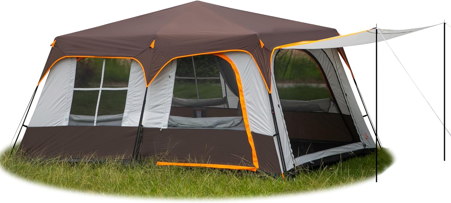 Extra Large Tent 10-12 Person Family Cabin Tents, 2 Rooms, Straight Wall, 3 Doors and 3 Windows with Mesh, Waterproof, Double Layer, Big Tent for Outdoors-Toppalletfly