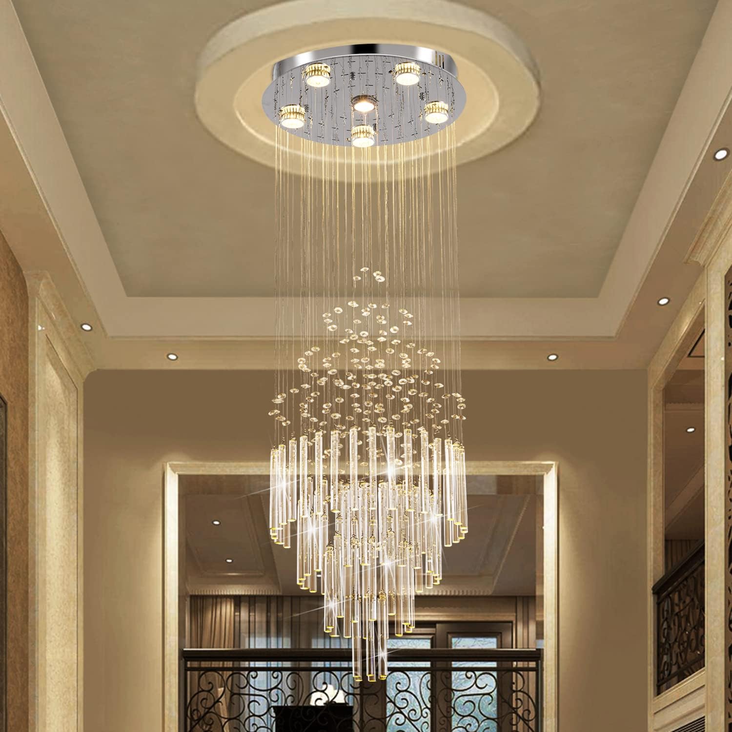 Flush Mount High Ceiling Chandelier, Modern Raindrop Crystal Chandeliers-Toppalletfly