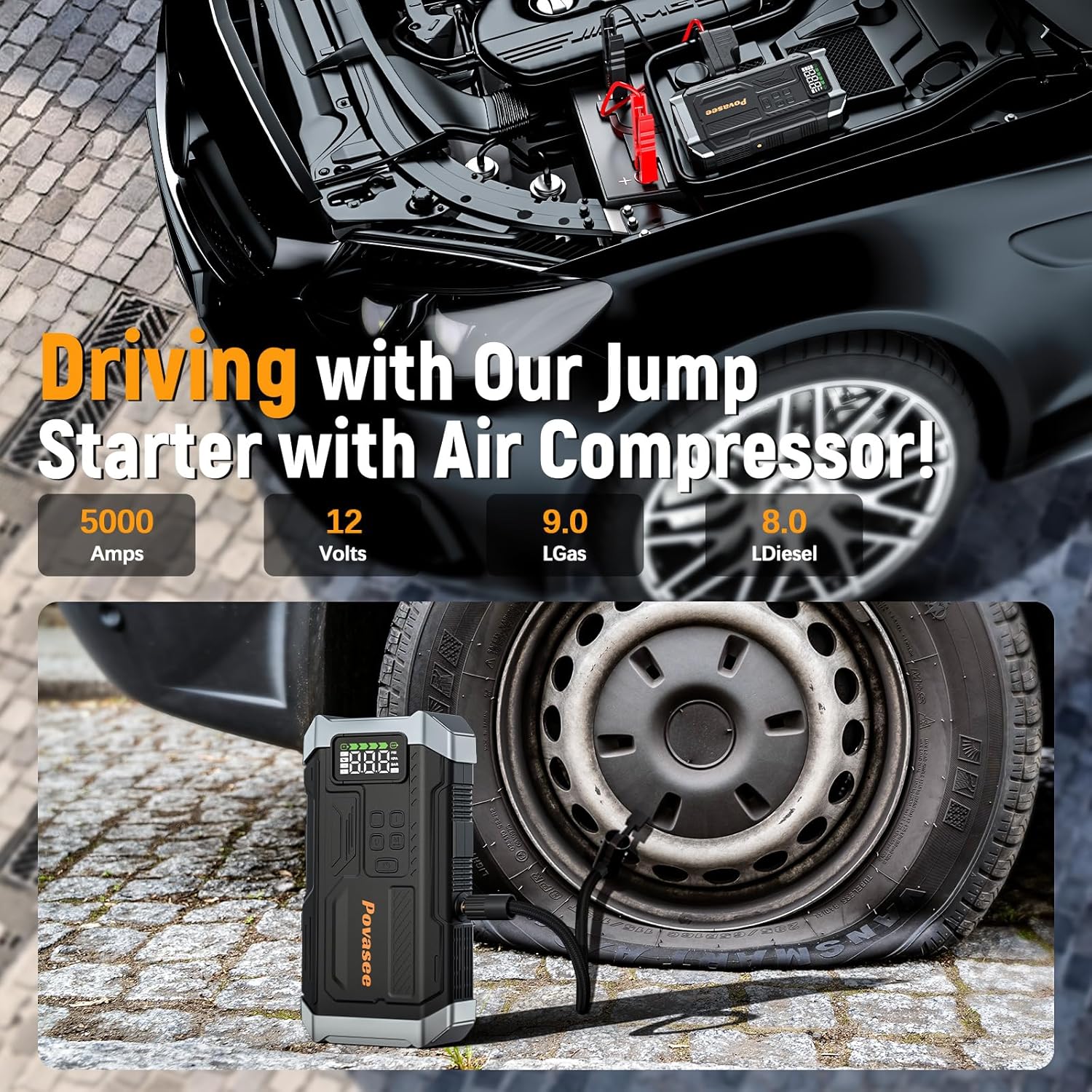 Jump Starter 5000A with Air Compressor & 150PSI Tire Inflator, 12V Battery Jump Box, LCD Display, Flashlight, Storage Case, Up to 9L Gas or 8L Diesel-Toppalletfly