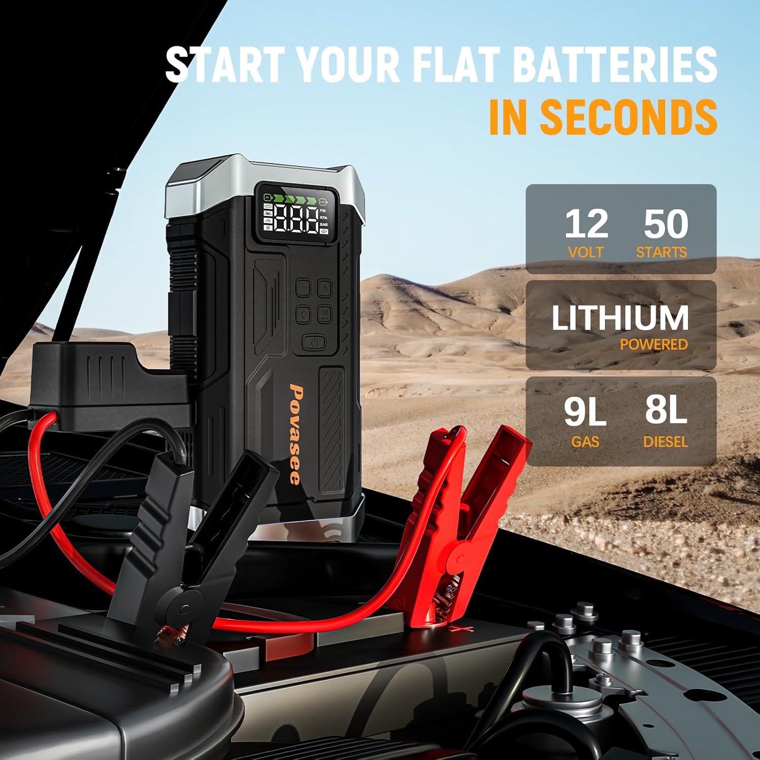 Jump Starter 5000A with Air Compressor & 150PSI Tire Inflator, 12V Battery Jump Box, LCD Display, Flashlight, Storage Case, Up to 9L Gas or 8L Diesel-Toppalletfly