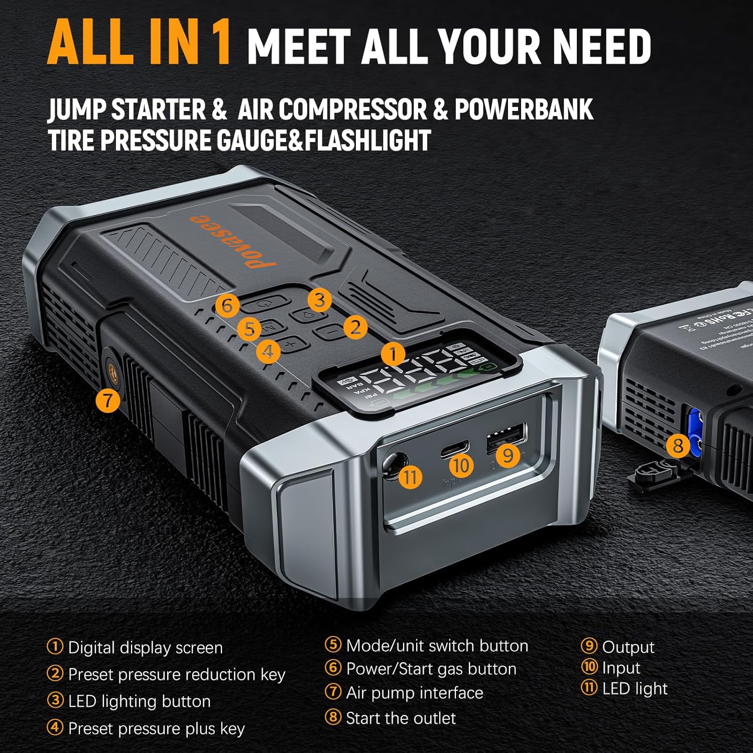 Jump Starter 5000A with Air Compressor & 150PSI Tire Inflator, 12V Battery Jump Box, LCD Display, Flashlight, Storage Case, Up to 9L Gas or 8L Diesel-Toppalletfly