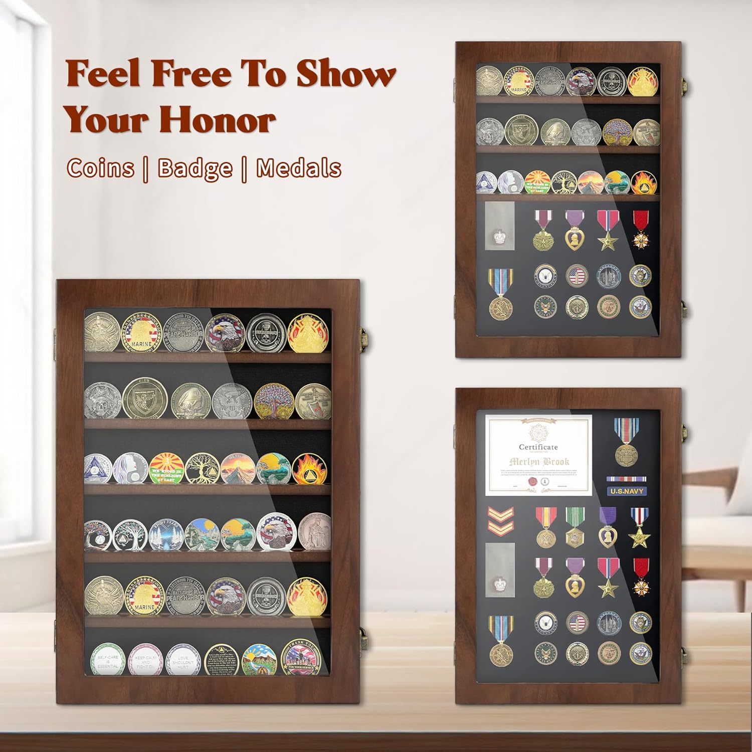 Lockable Wooden Military Challenge Coin Display Cabinet-Toppalletfly