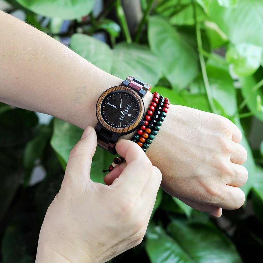 Men's Colorful Wooden Watch, Week & Date Display Quartz Watches Handmade Casual Wood Wrist Watch-Toppalletfly