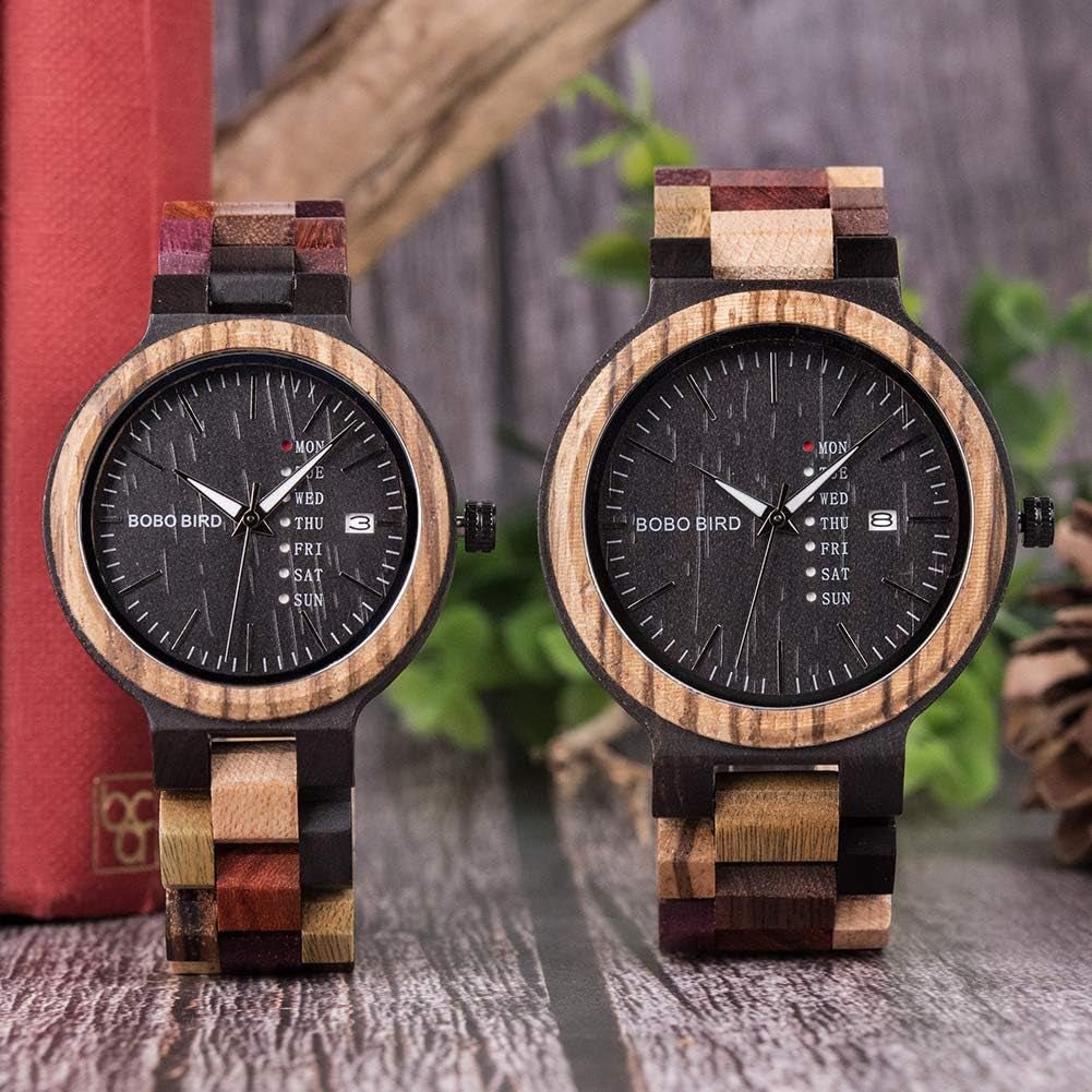 Men's Colorful Wooden Watch, Week & Date Display Quartz Watches Handmade Casual Wood Wrist Watch-Toppalletfly