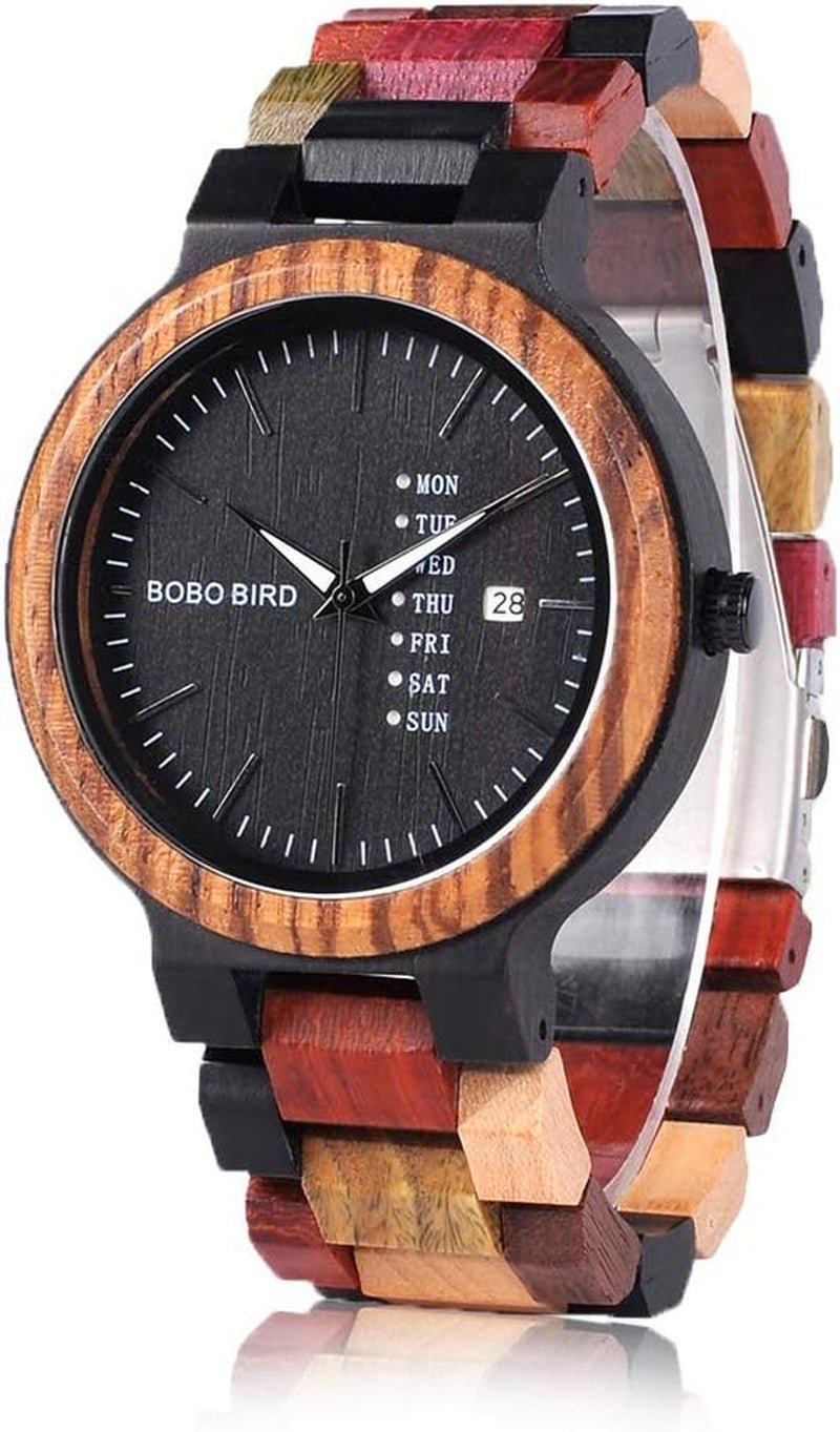Men's Colorful Wooden Watch, Week & Date Display Quartz Watches Handmade Casual Wood Wrist Watch-Toppalletfly