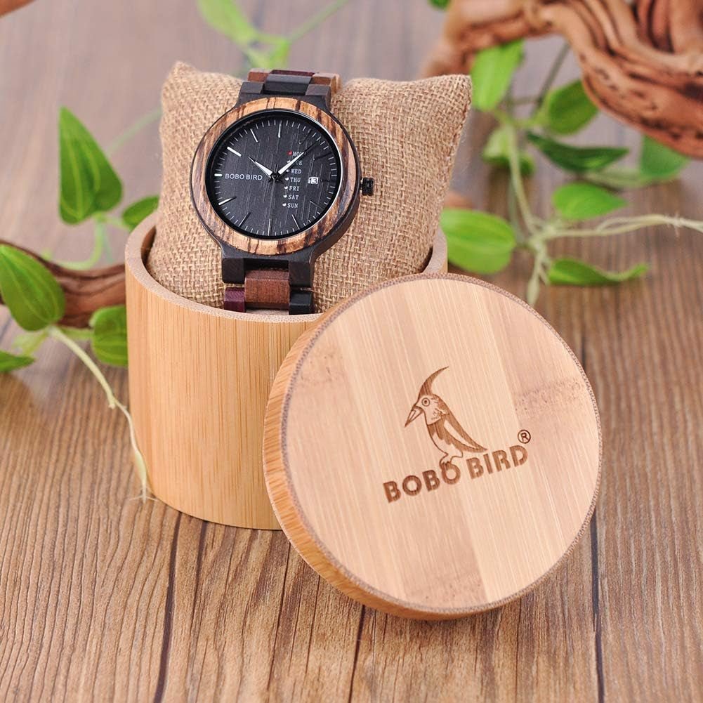 Men's Colorful Wooden Watch, Week & Date Display Quartz Watches Handmade Casual Wood Wrist Watch-Toppalletfly
