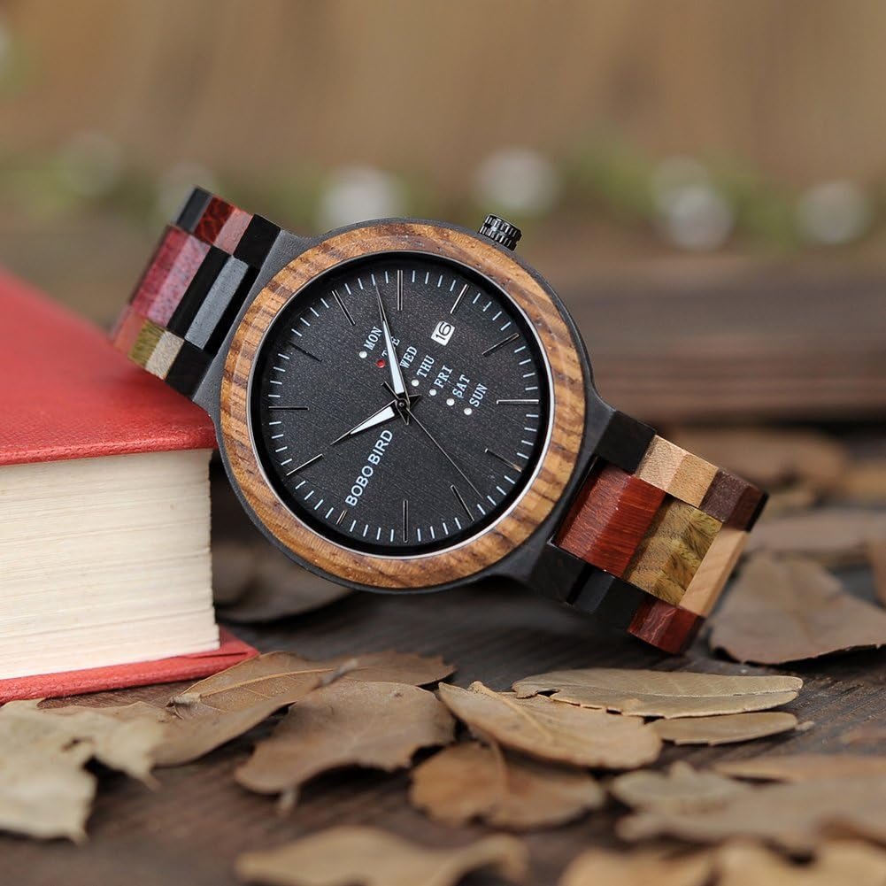 Men's Colorful Wooden Watch, Week & Date Display Quartz Watches Handmade Casual Wood Wrist Watch-Toppalletfly